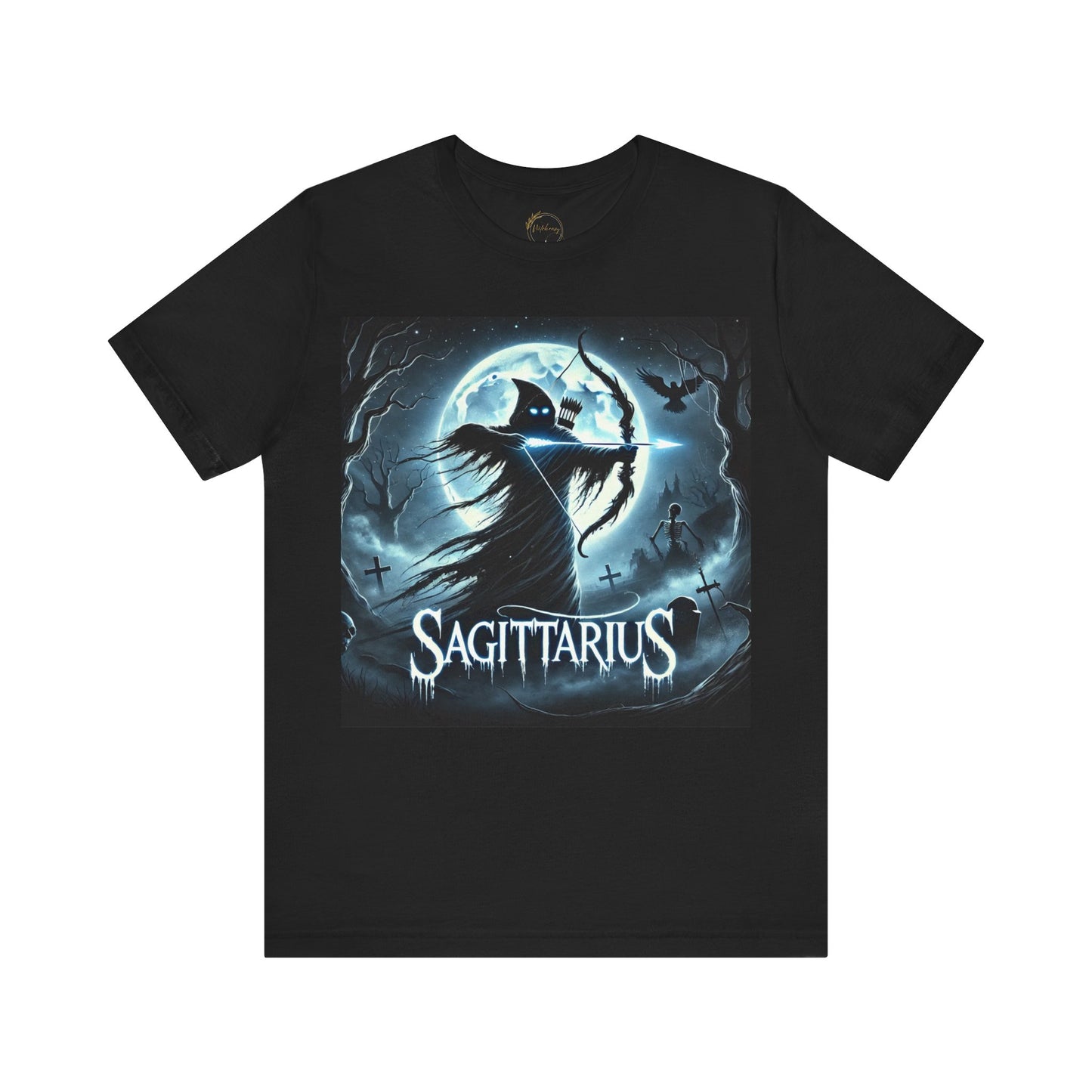 Spooky Sagittarius Zodiac Shirt Archer, Arrow, Graveyard and Skeleton Dark Astrology Tee for Astrology Lovers Anytime or Halloween Distress
