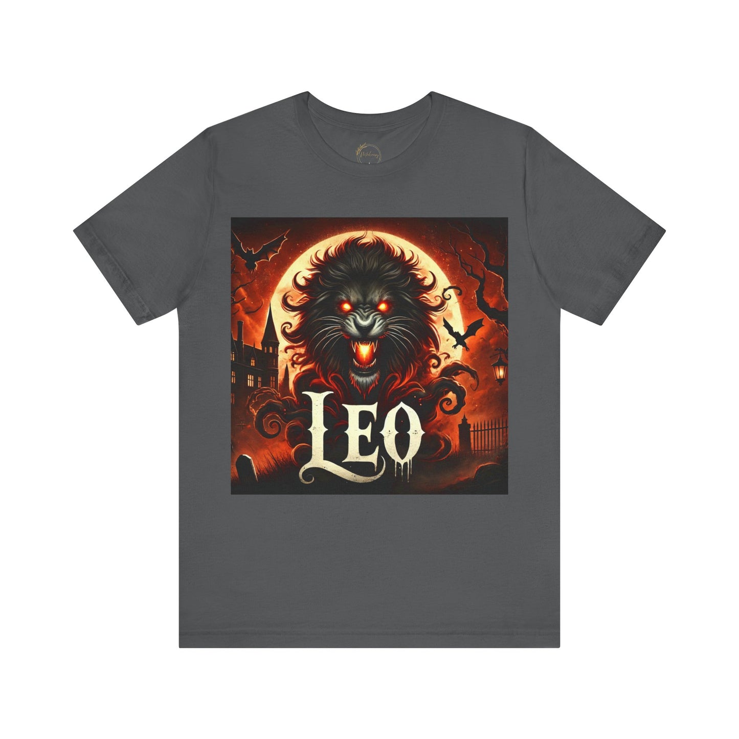 Spooky Leo Zodiac Shirt Lion Fire Full Moon and Bats Dark Astrology Tee for Astrology Lovers Anytime or Halloween Style Distress