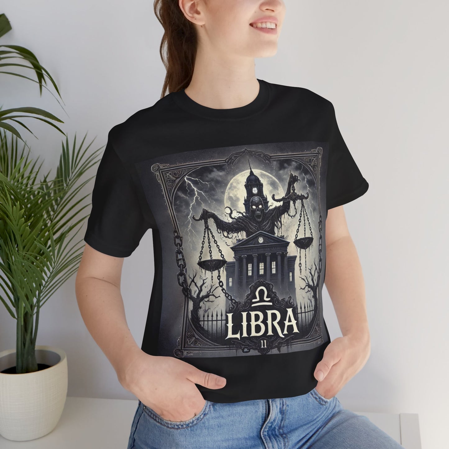 Spooky Libra Zodiac Shirt Haunted House Monster and Scales Dark Astrology Tee for Astrology Lovers Anytime or Halloween Style Distress