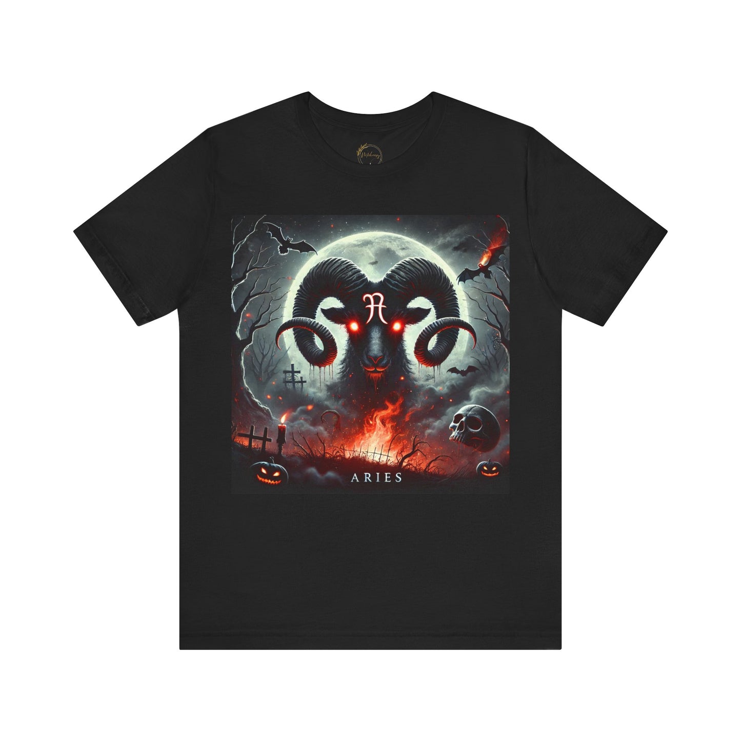 Dark Mystic Aries Zodiac Shirt Bold Ram Bats Fire Graphic Tee Astrology Lovers Soft Comfortable Perfect for Aries Energy Halloween Distress