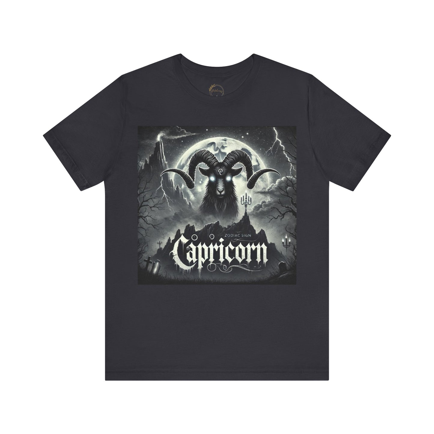 Spooky Capricorn Zodiac Shirt Goat, Full Moon, and Graveyard Dark Astrology Tee for Astrology Lovers Distress