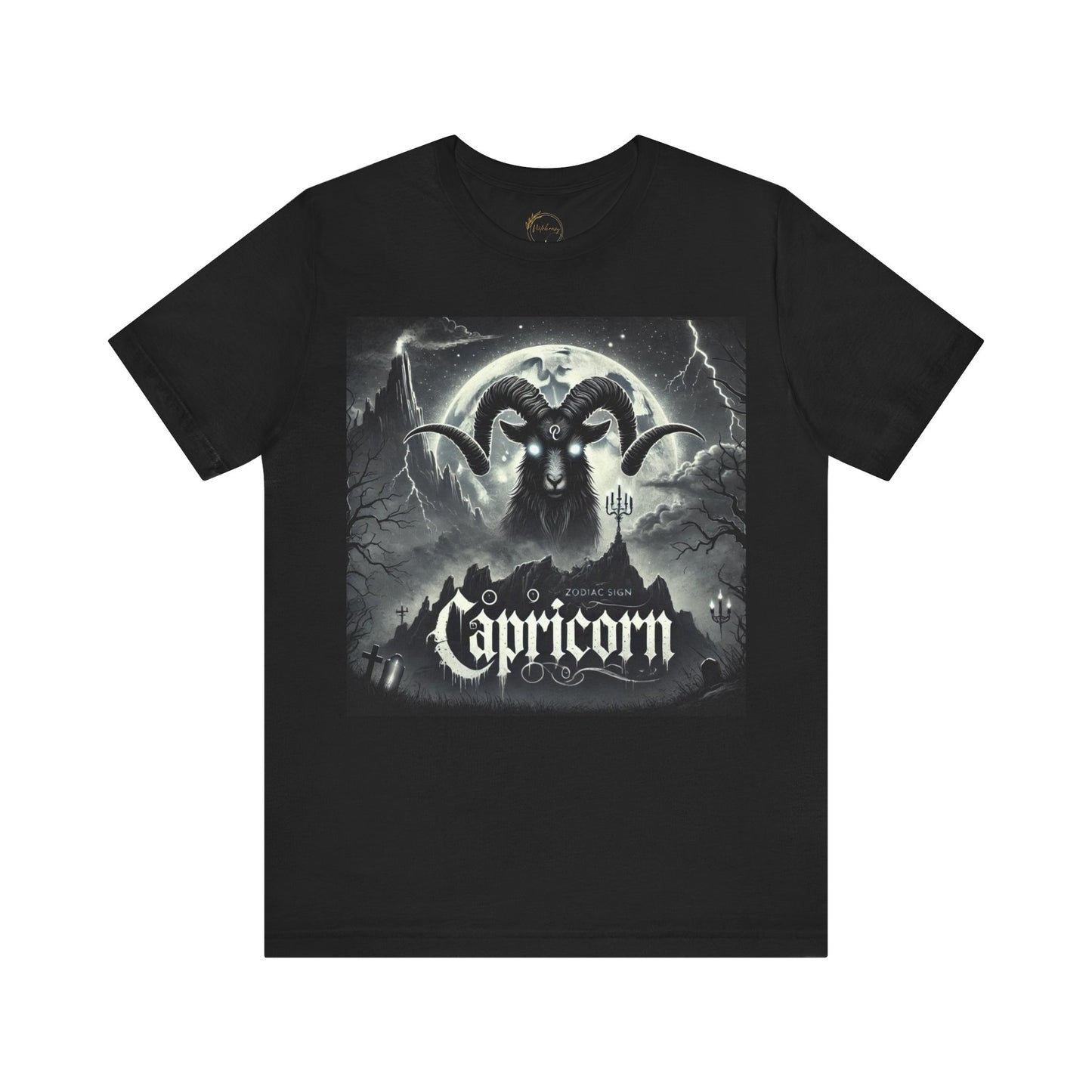 Spooky Capricorn Zodiac Shirt Goat, Full Moon, and Graveyard Dark Astrology Tee for Astrology Lovers Distress