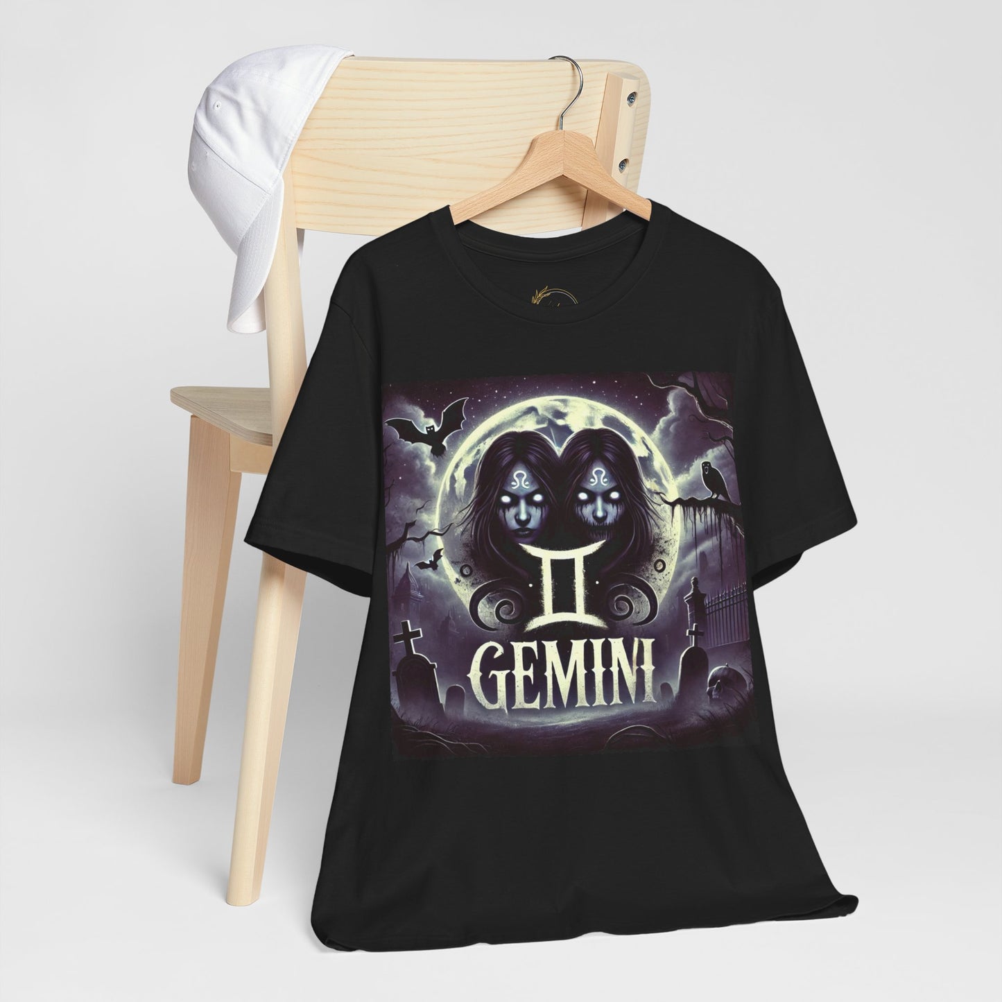 Spooky Gemini Zodiac Shirt Crows Graveyard Bats and Full Moon Dark Astrology Tee for Anytime or Halloween Style Distress