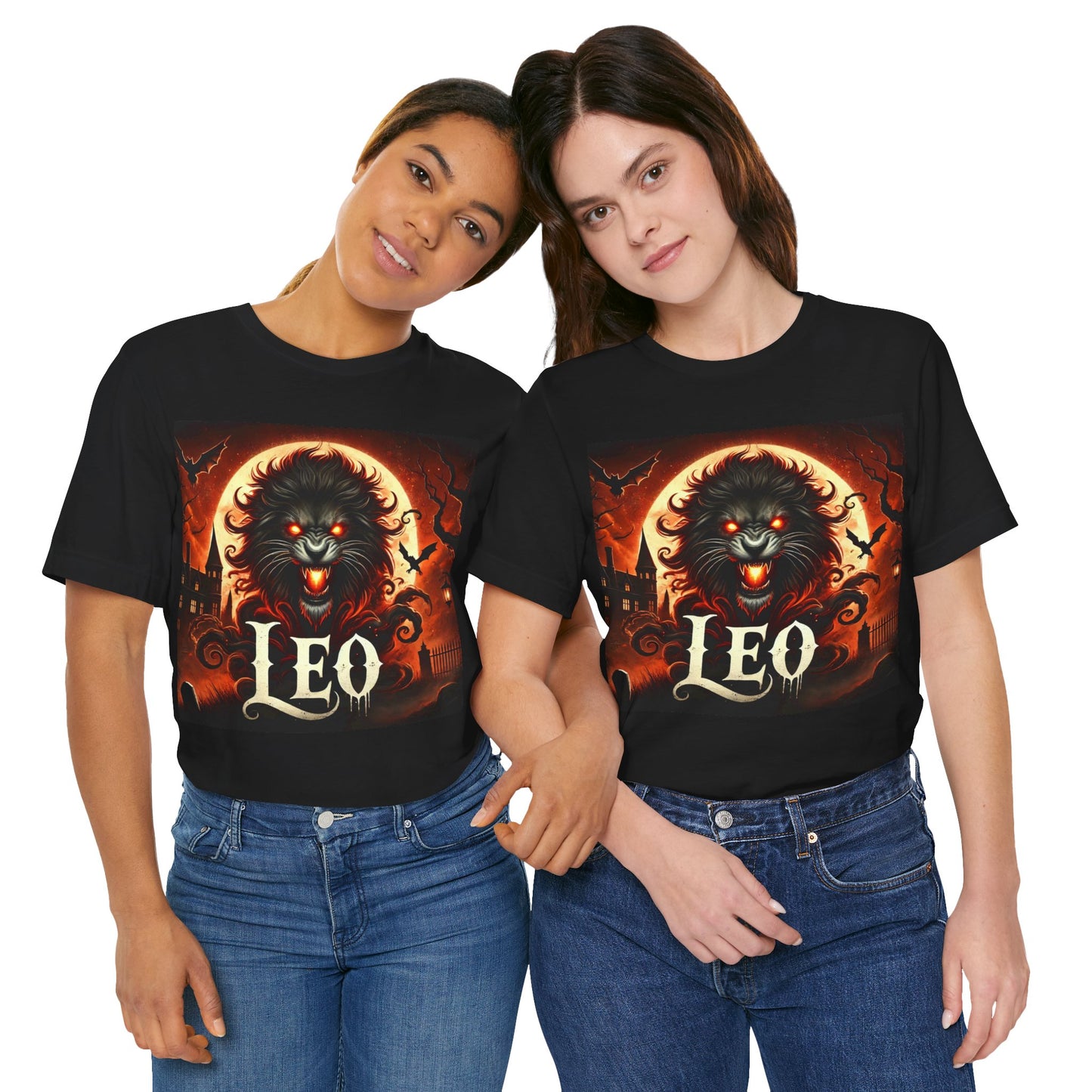 Spooky Leo Zodiac Shirt Lion Fire Full Moon and Bats Dark Astrology Tee for Astrology Lovers Anytime or Halloween Style Distress