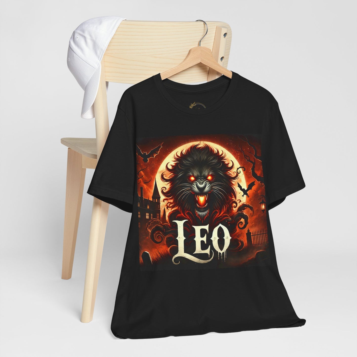 Spooky Leo Zodiac Shirt Lion Fire Full Moon and Bats Dark Astrology Tee for Astrology Lovers Anytime or Halloween Style Distress