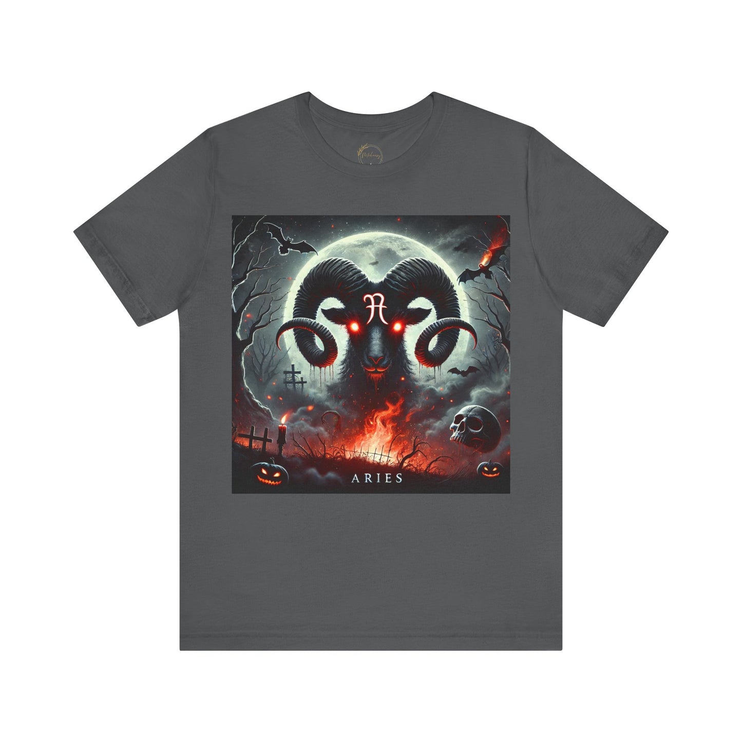 Dark Mystic Aries Zodiac Shirt Bold Ram Bats Fire Graphic Tee Astrology Lovers Soft Comfortable Perfect for Aries Energy Halloween Distress