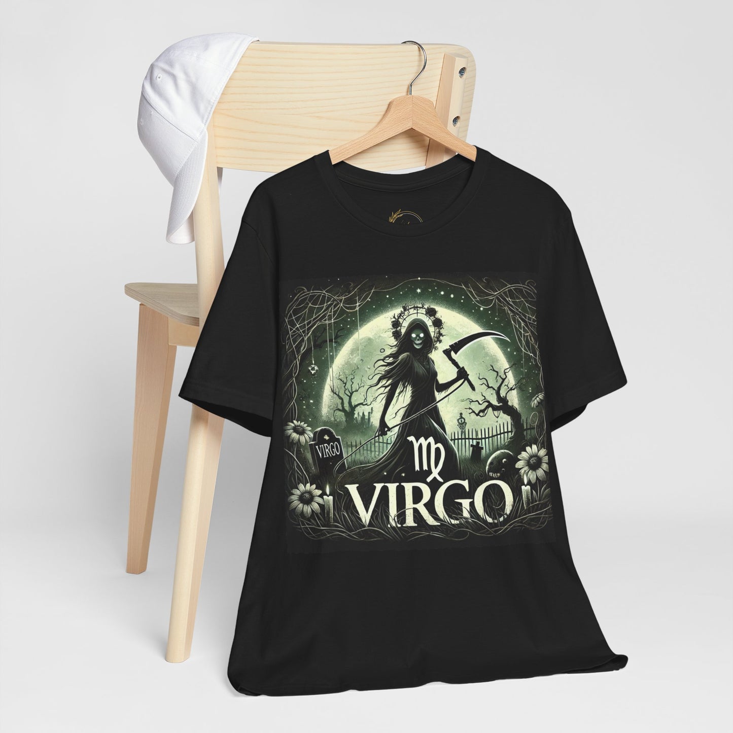 Spooky Virgo Zodiac Shirt Death-like Virgin Holding Scythe Dark Astrology Tee for Astrology Lovers Distress