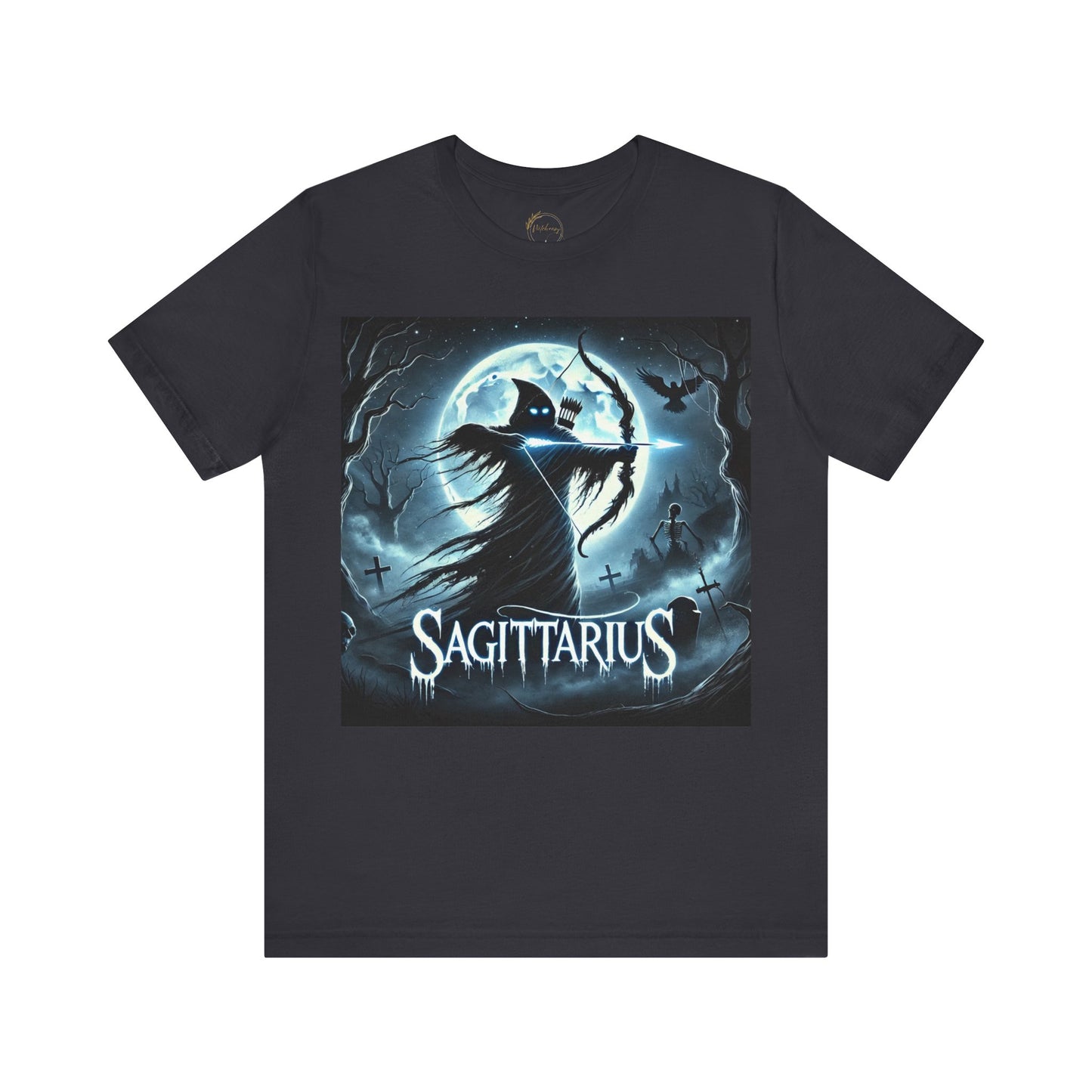 Spooky Sagittarius Zodiac Shirt Archer, Arrow, Graveyard and Skeleton Dark Astrology Tee for Astrology Lovers Anytime or Halloween Distress