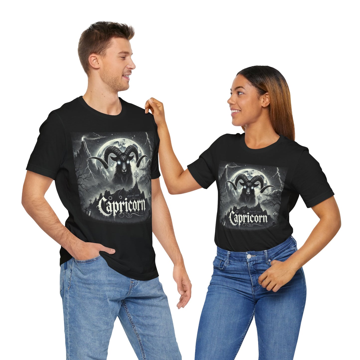 Spooky Capricorn Zodiac Shirt Goat, Full Moon, and Graveyard Dark Astrology Tee for Astrology Lovers Distress