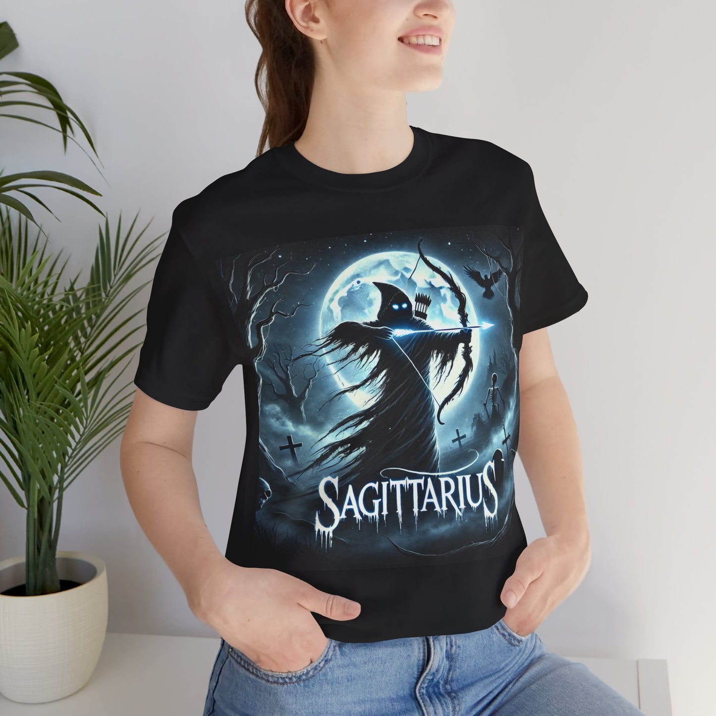Spooky Sagittarius Zodiac Shirt Archer, Arrow, Graveyard and Skeleton Dark Astrology Tee for Astrology Lovers Anytime or Halloween Distress