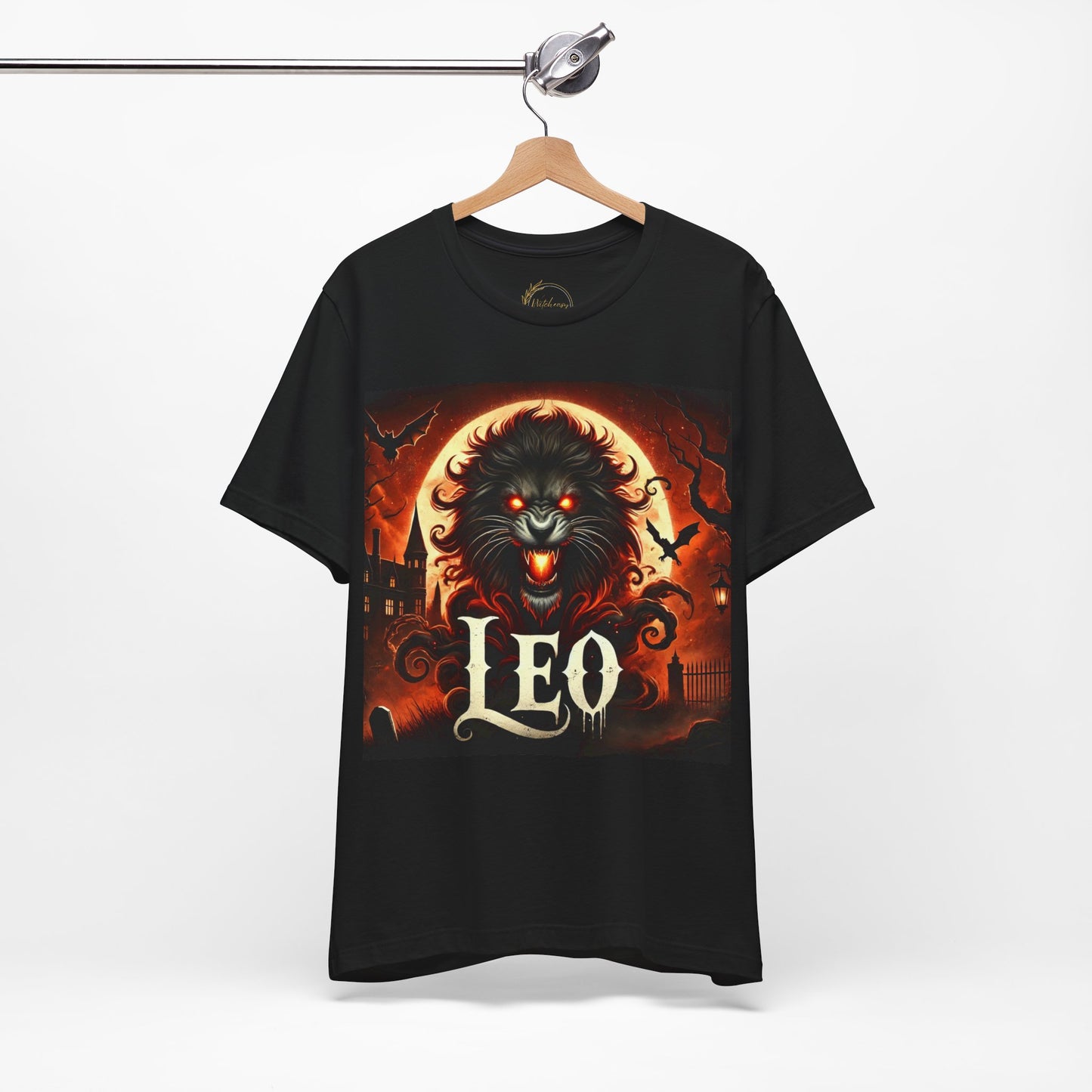 Spooky Leo Zodiac Shirt Lion Fire Full Moon and Bats Dark Astrology Tee for Astrology Lovers Anytime or Halloween Style Distress