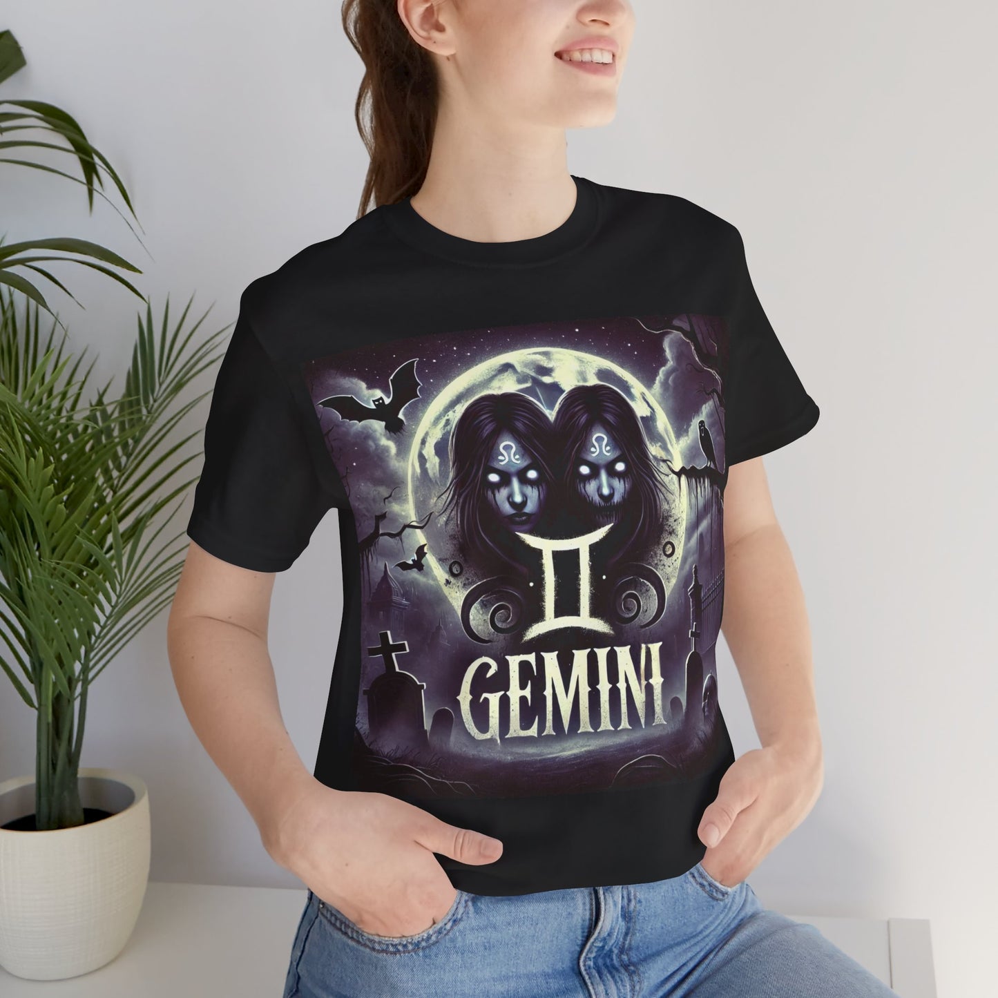 Spooky Gemini Zodiac Shirt Crows Graveyard Bats and Full Moon Dark Astrology Tee for Anytime or Halloween Style Distress