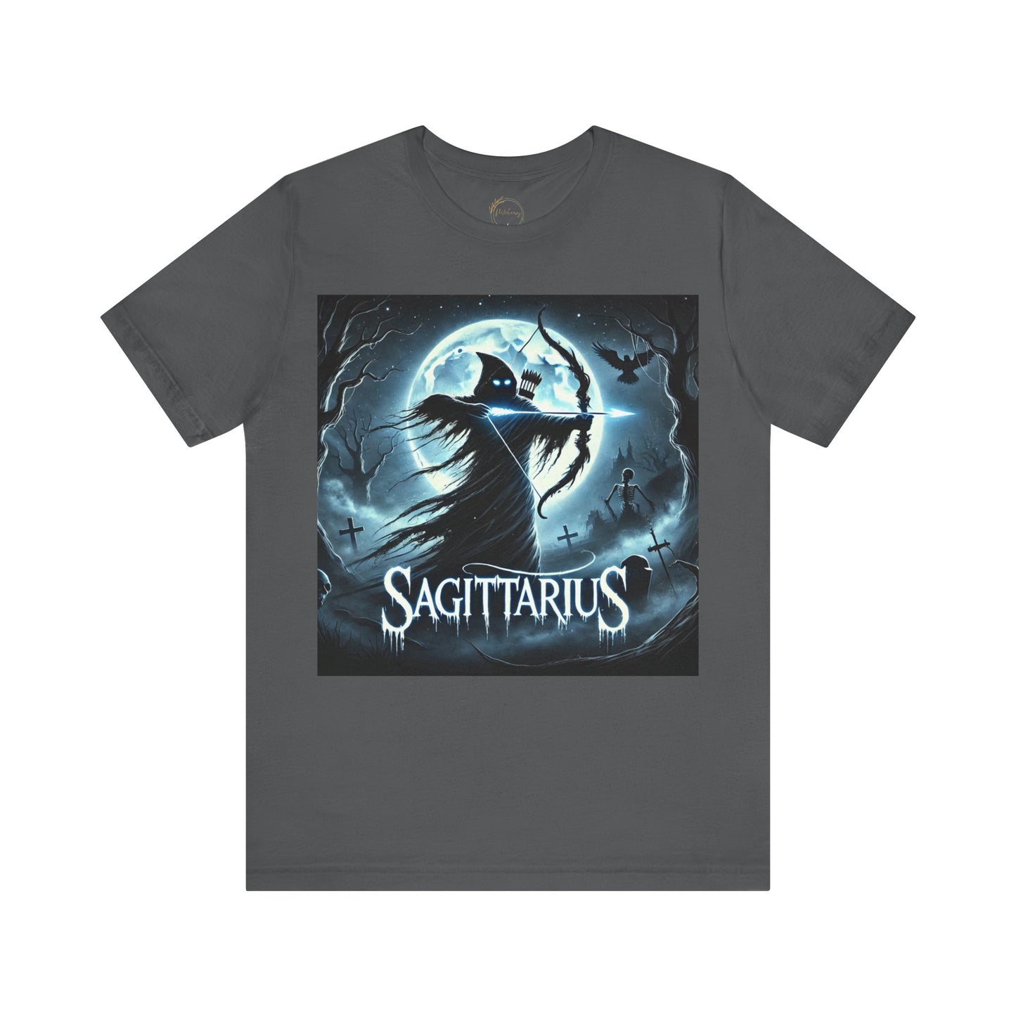 Spooky Sagittarius Zodiac Shirt Archer, Arrow, Graveyard and Skeleton Dark Astrology Tee for Astrology Lovers Anytime or Halloween Distress