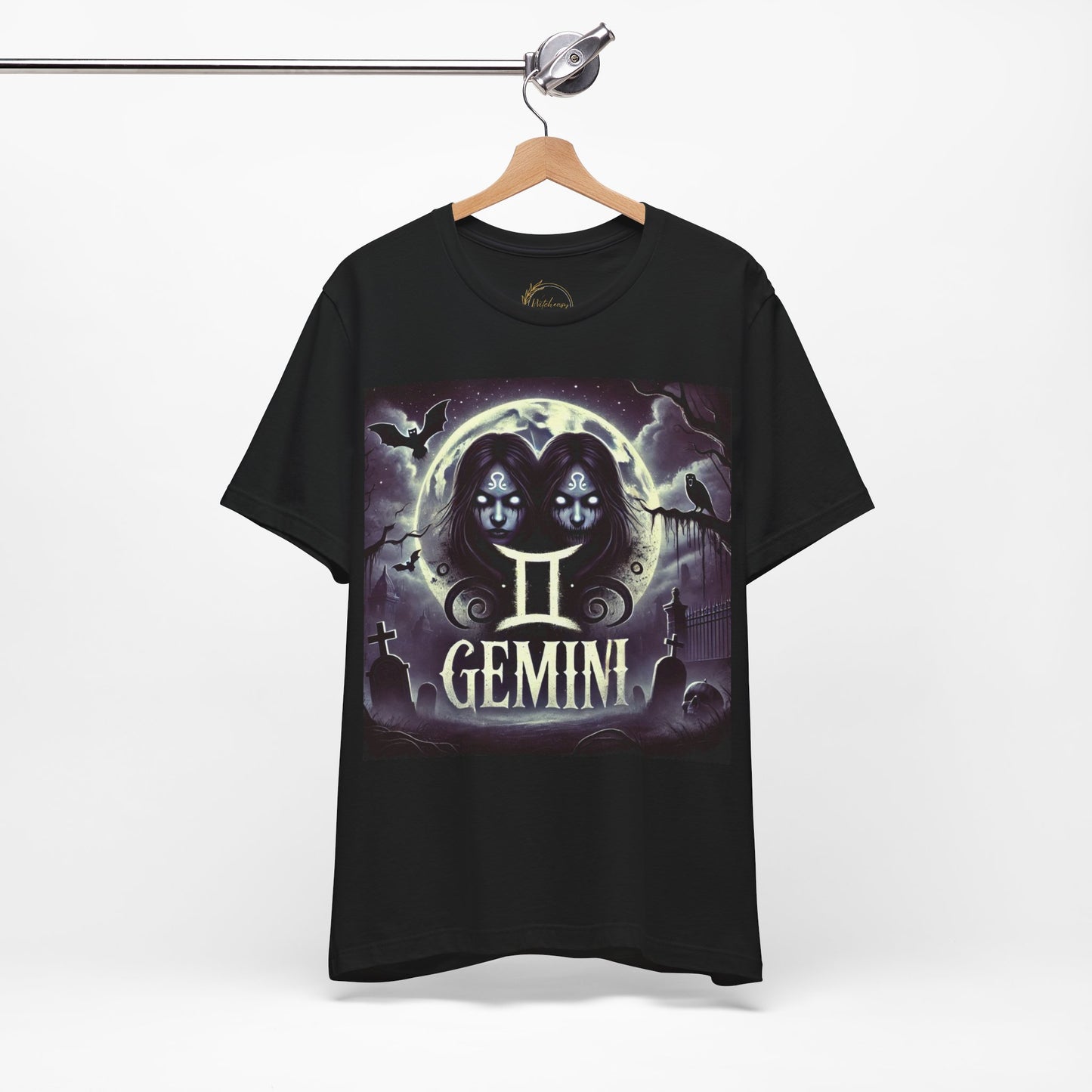 Spooky Gemini Zodiac Shirt Crows Graveyard Bats and Full Moon Dark Astrology Tee for Anytime or Halloween Style Distress