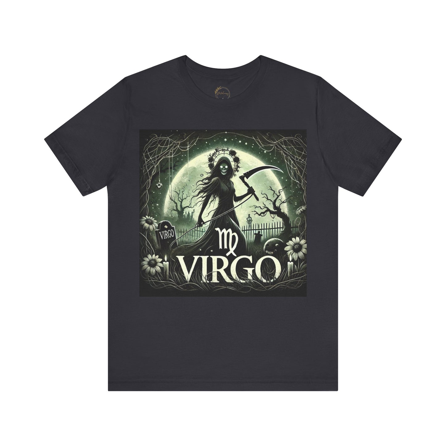 Spooky Virgo Zodiac Shirt Death-like Virgin Holding Scythe Dark Astrology Tee for Astrology Lovers Distress