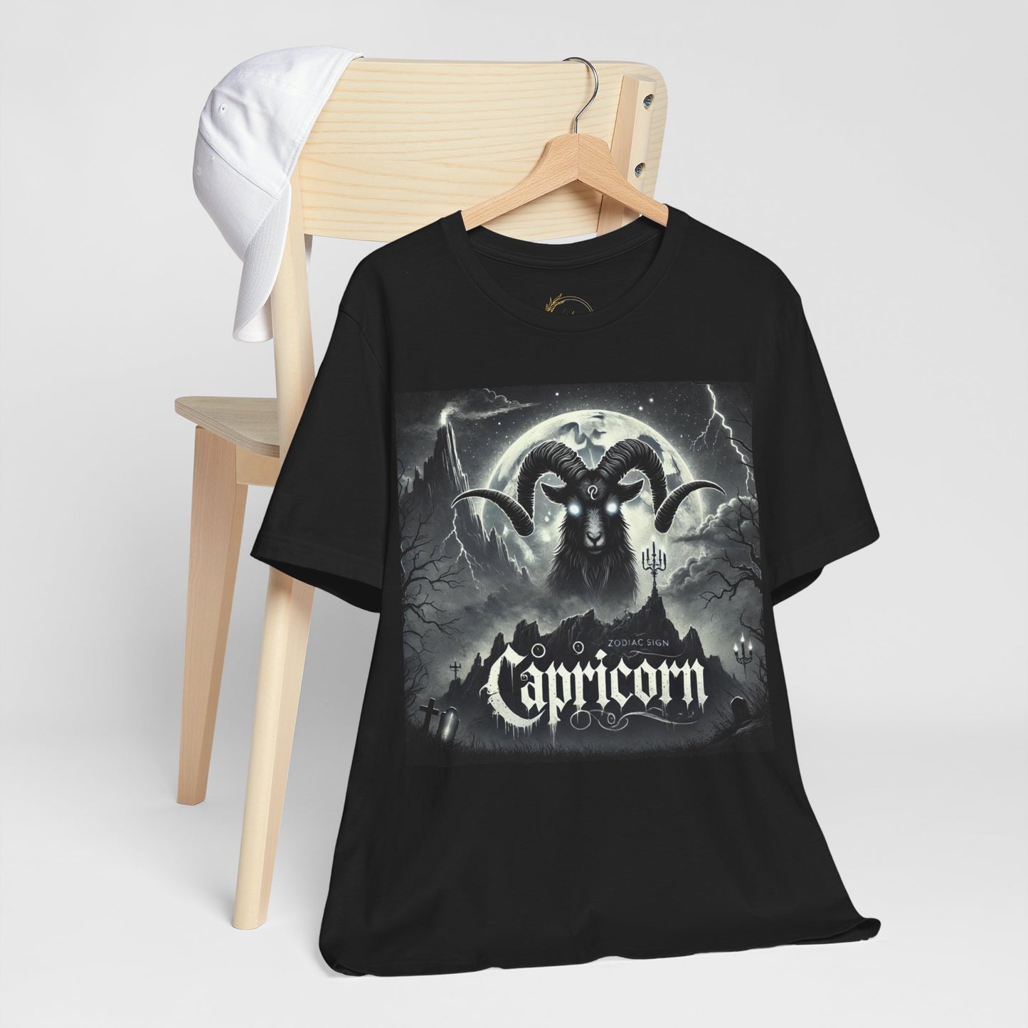 Spooky Capricorn Zodiac Shirt Goat, Full Moon, and Graveyard Dark Astrology Tee for Astrology Lovers Distress