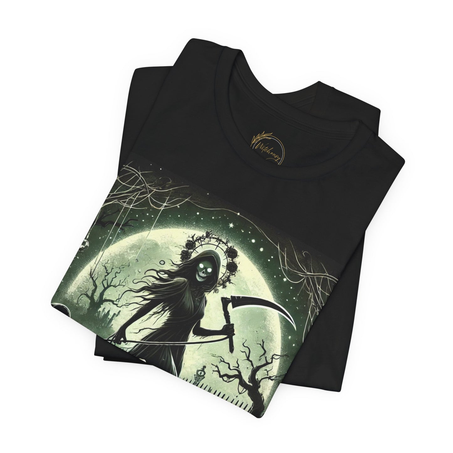 Spooky Virgo Zodiac Shirt Death-like Virgin Holding Scythe Dark Astrology Tee for Astrology Lovers Distress