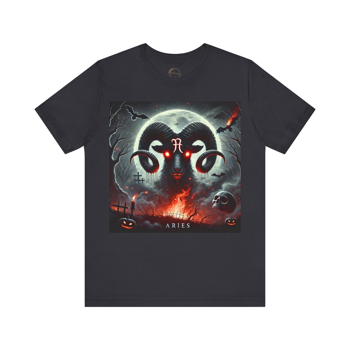 Dark Mystic Aries Zodiac Shirt Bold Ram Bats Fire Graphic Tee Astrology Lovers Soft Comfortable Perfect for Aries Energy Halloween Distress