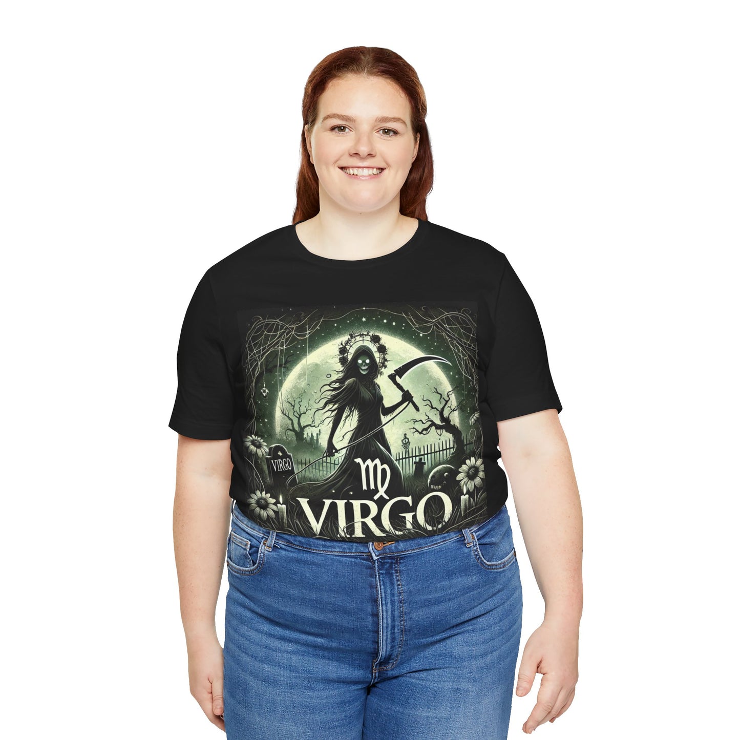 Spooky Virgo Zodiac Shirt Death-like Virgin Holding Scythe Dark Astrology Tee for Astrology Lovers Distress