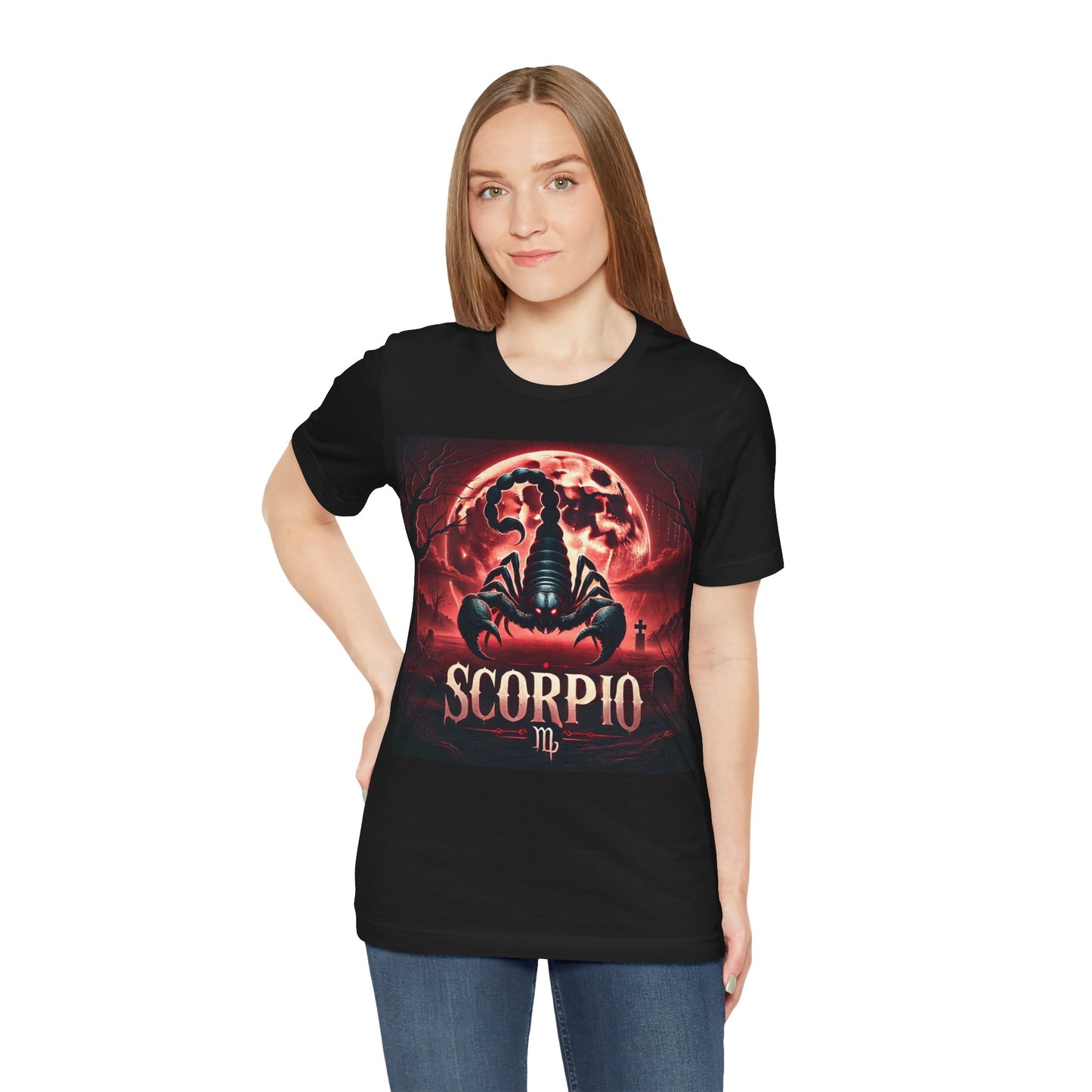 Spooky Scorpio Zodiac Shirt Fire, Full Moon, and Scorpion Monster Dark Astrology Tee for Astrology Lovers Anytime or Halloween Distress
