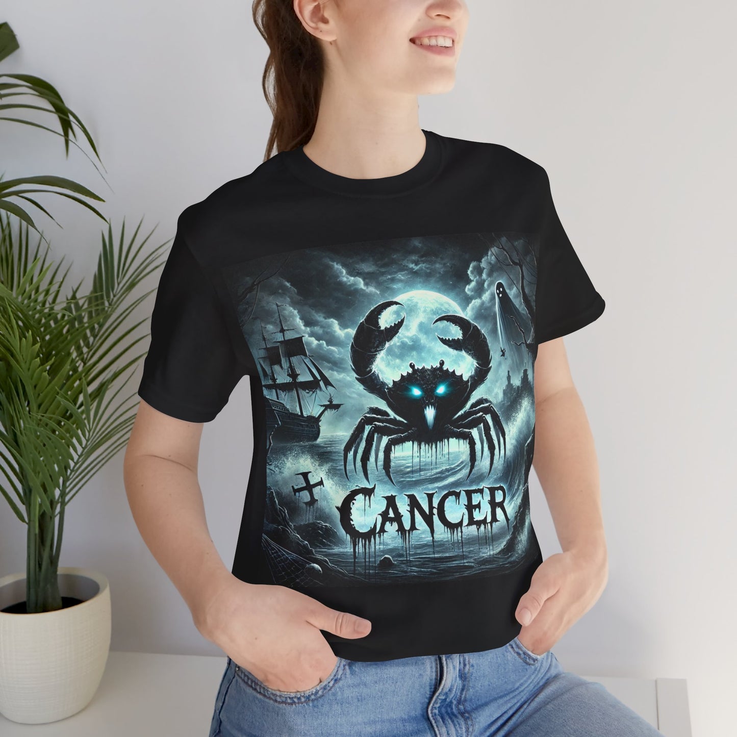 Spooky Cancer Zodiac Shirt Crab Ghost and Ghost Ship Dark Astrology Tee for Astrology Lovers Anytime or Halloween Style