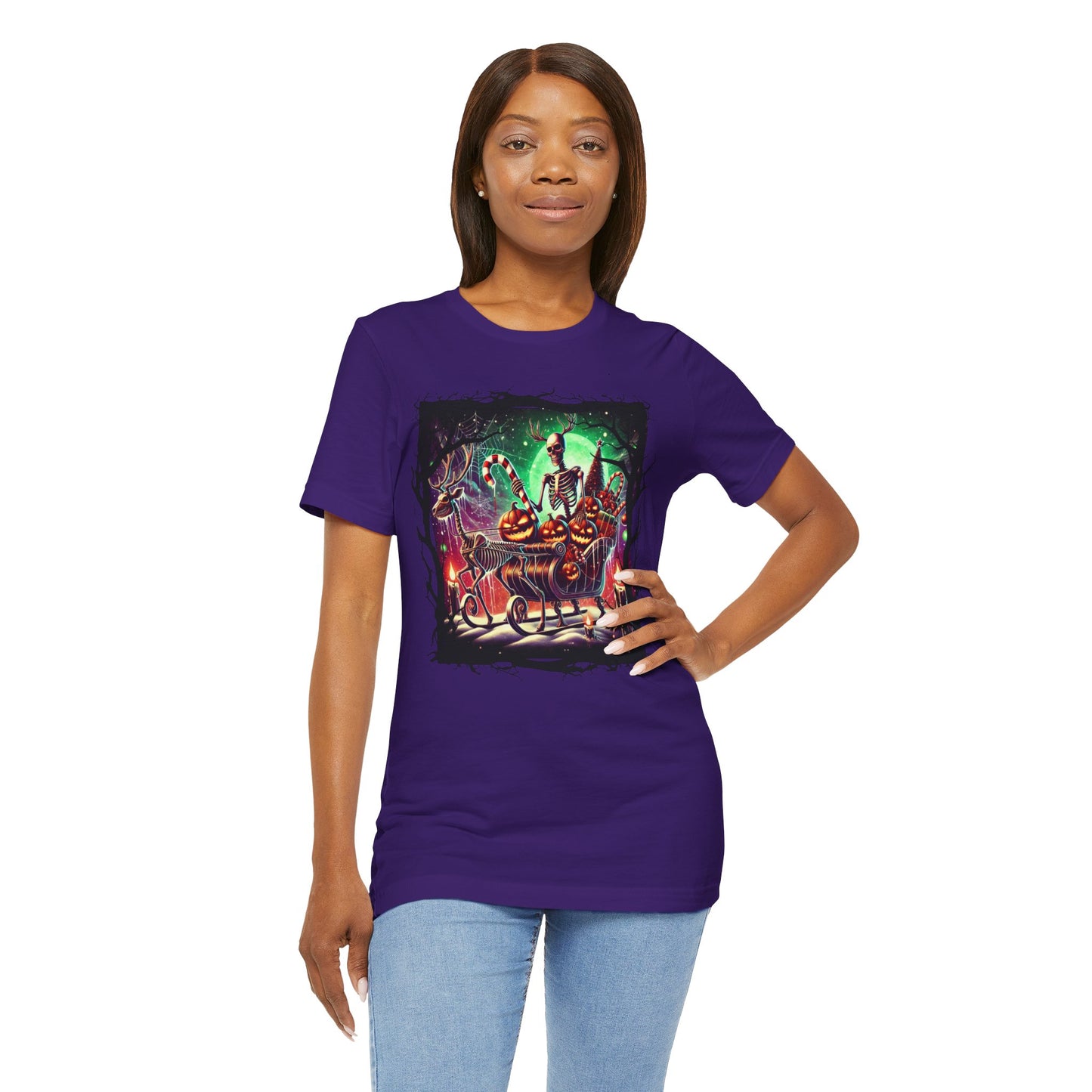 Skeleton Santa and Reindeer Shirt: Spooky Holiday Gift Delivery Tee, Halloween-Christmas Mashup, Unisex T-Shirt, Festive Tee, Costume Top,