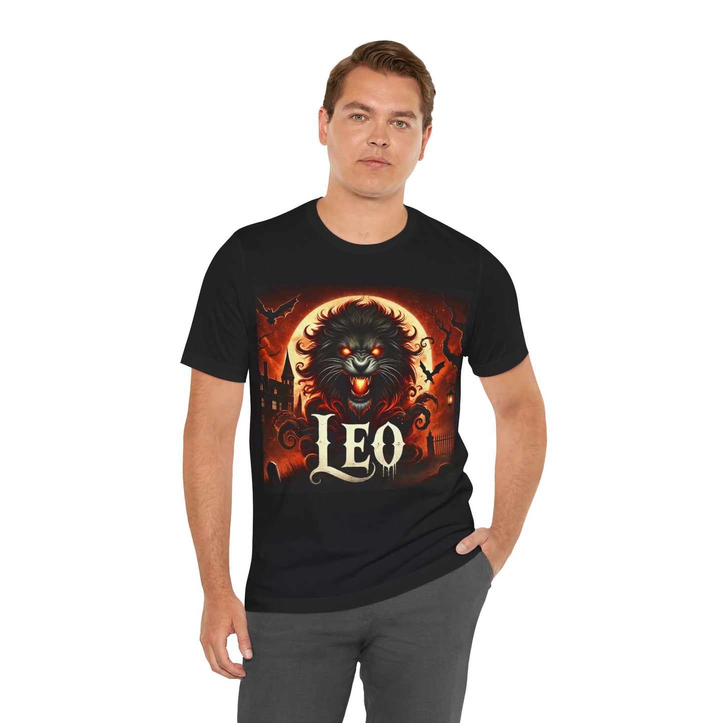 Spooky Leo Zodiac Shirt Lion Fire Full Moon and Bats Dark Astrology Tee for Astrology Lovers Anytime or Halloween Style Distress