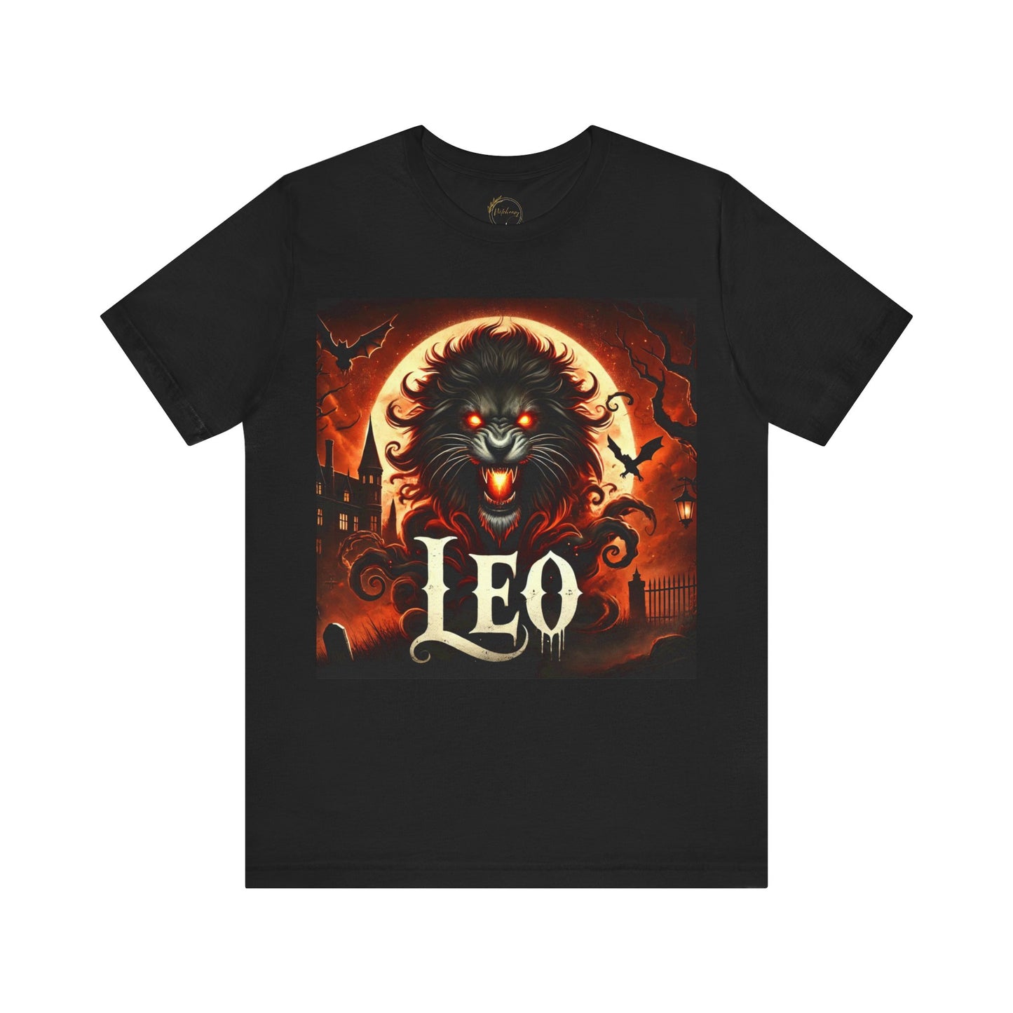 Spooky Leo Zodiac Shirt Lion Fire Full Moon and Bats Dark Astrology Tee for Astrology Lovers Anytime or Halloween Style Distress