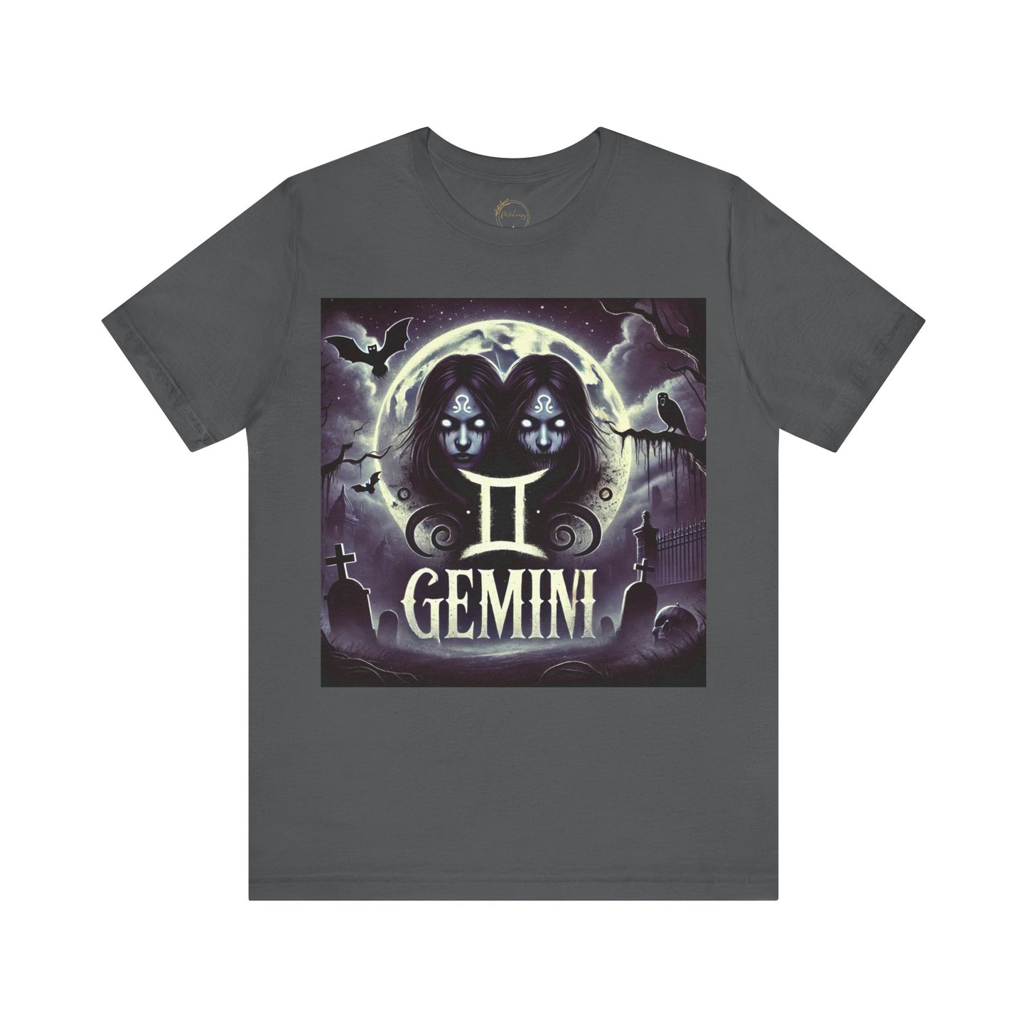 Spooky Gemini Zodiac Shirt Crows Graveyard Bats and Full Moon Dark Astrology Tee for Anytime or Halloween Style Distress