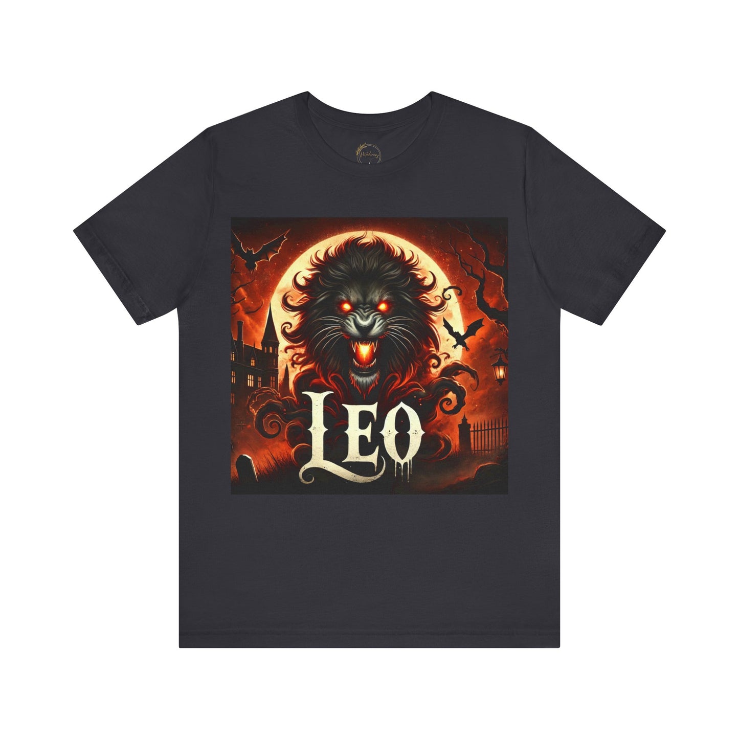Spooky Leo Zodiac Shirt Lion Fire Full Moon and Bats Dark Astrology Tee for Astrology Lovers Anytime or Halloween Style Distress