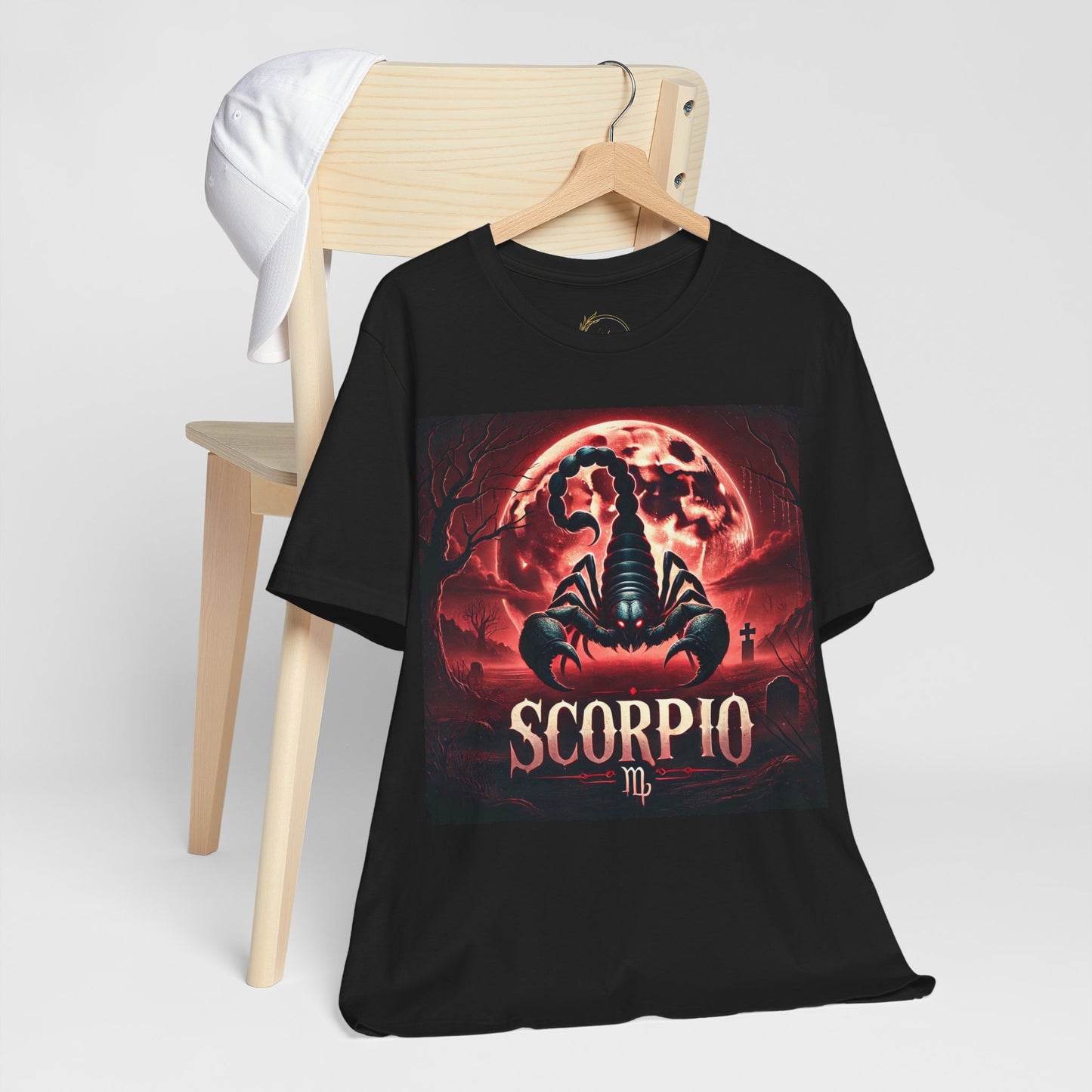 Spooky Scorpio Zodiac Shirt Fire, Full Moon, and Scorpion Monster Dark Astrology Tee for Astrology Lovers Anytime or Halloween Distress