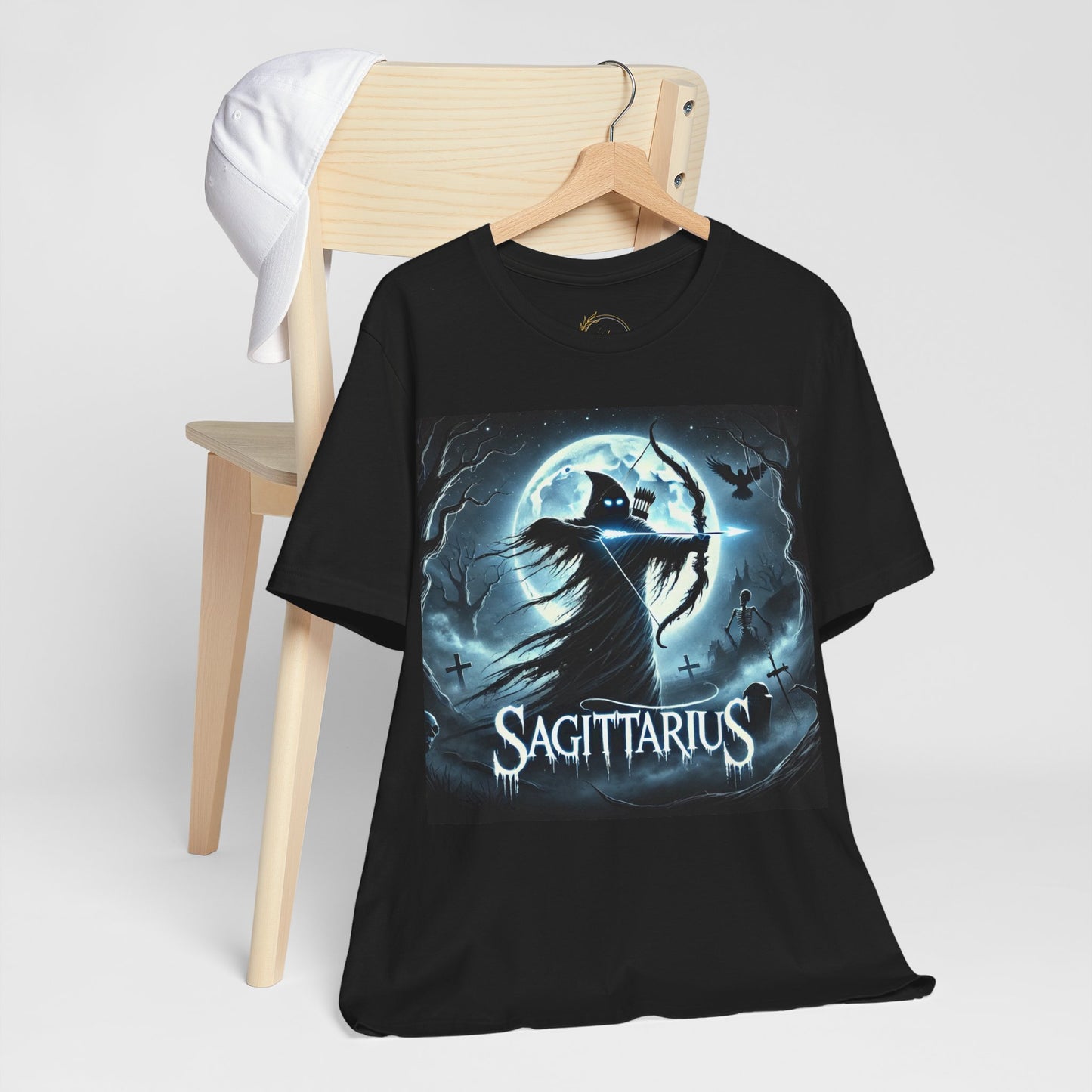 Spooky Sagittarius Zodiac Shirt Archer, Arrow, Graveyard and Skeleton Dark Astrology Tee for Astrology Lovers Anytime or Halloween Distress