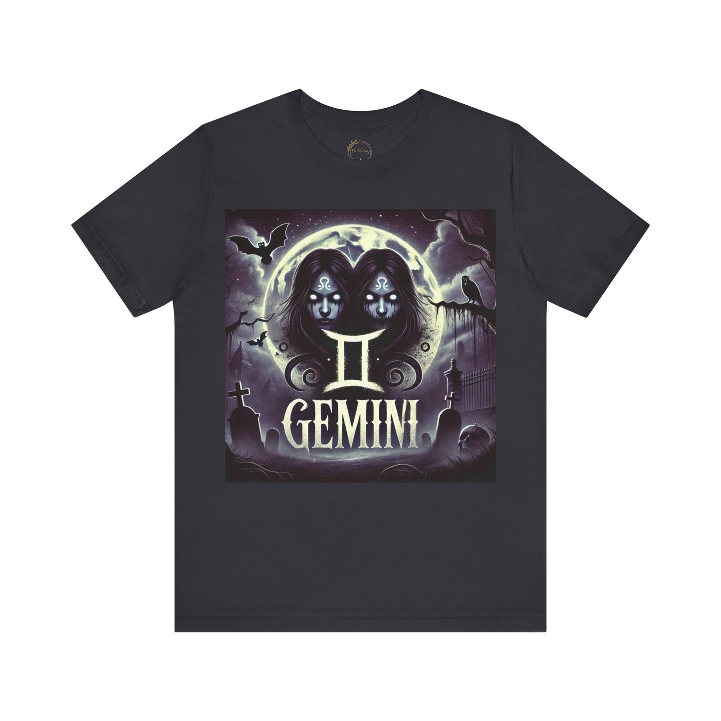 Spooky Gemini Zodiac Shirt Crows Graveyard Bats and Full Moon Dark Astrology Tee for Anytime or Halloween Style Distress