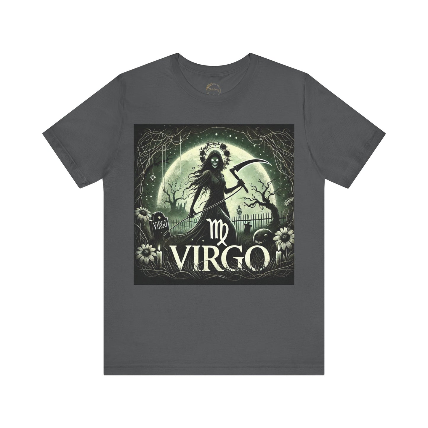 Spooky Virgo Zodiac Shirt Death-like Virgin Holding Scythe Dark Astrology Tee for Astrology Lovers Distress