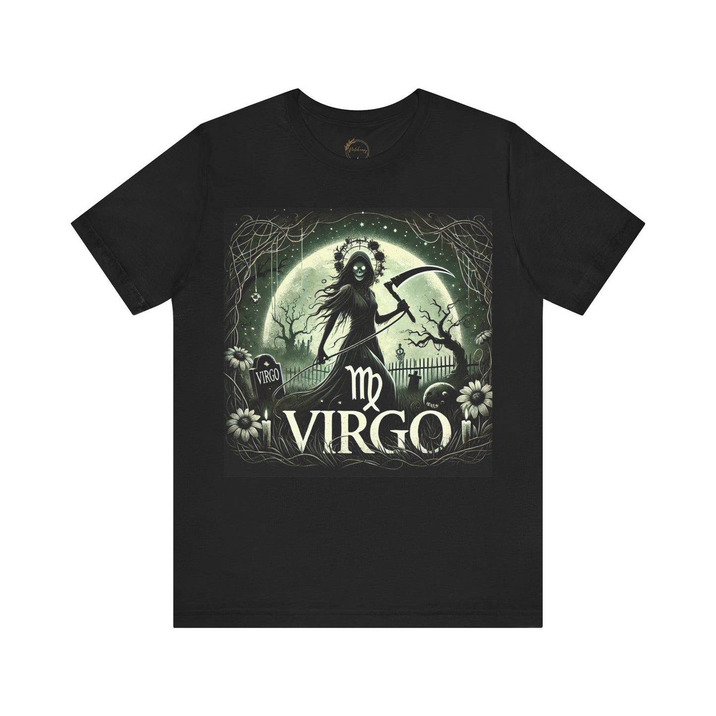 Spooky Virgo Zodiac Shirt Death-like Virgin Holding Scythe Dark Astrology Tee for Astrology Lovers Distress