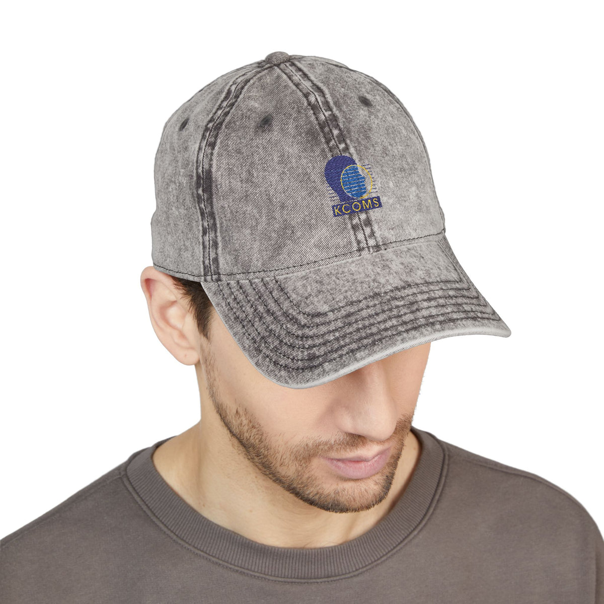 KCOMS Vintage Embroidered Cap — Retro Washed Baseball Hat with Blue Moon Logo