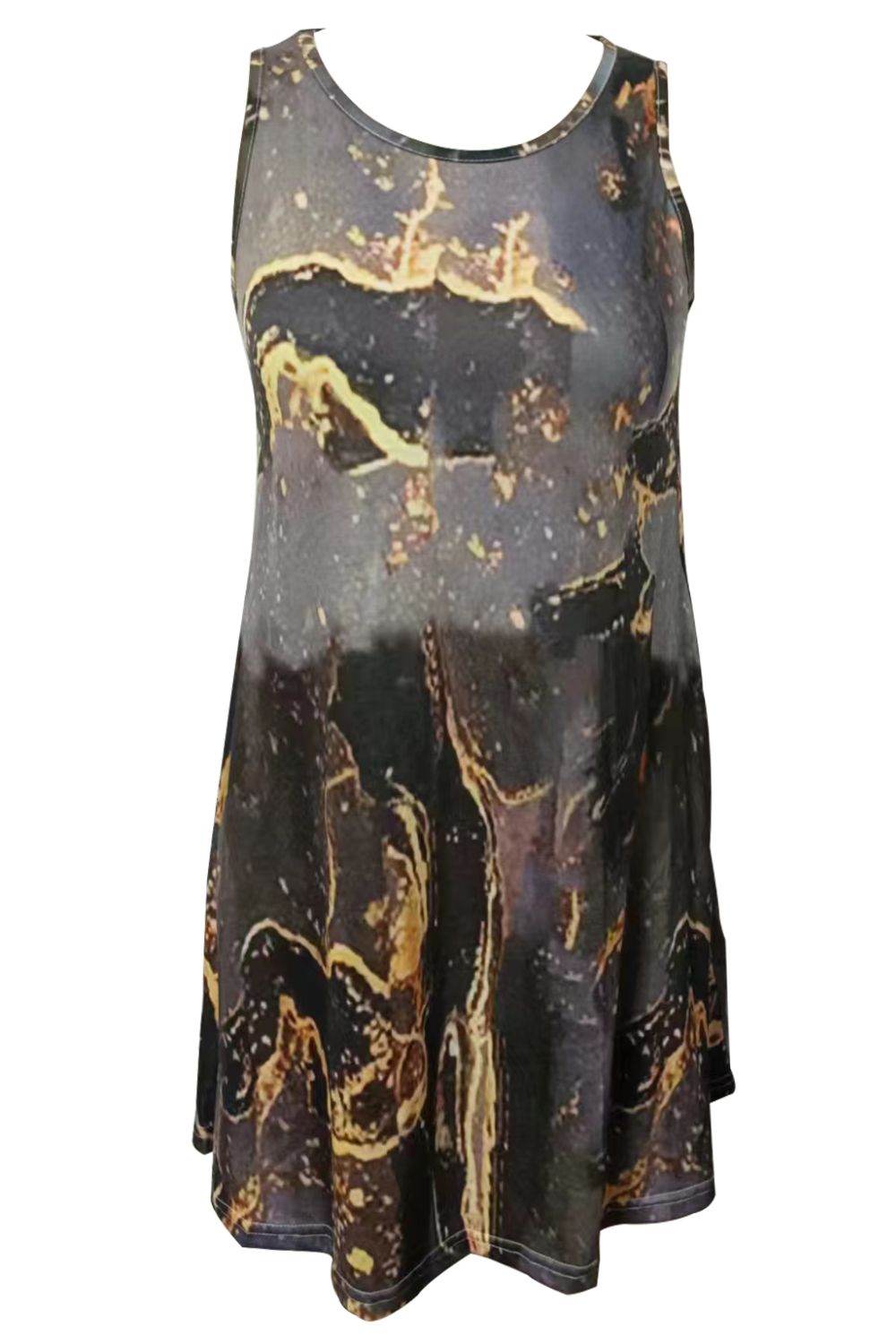 Abstract Print Round Neck Sleeveless Dress with Pockets - Witcheasy