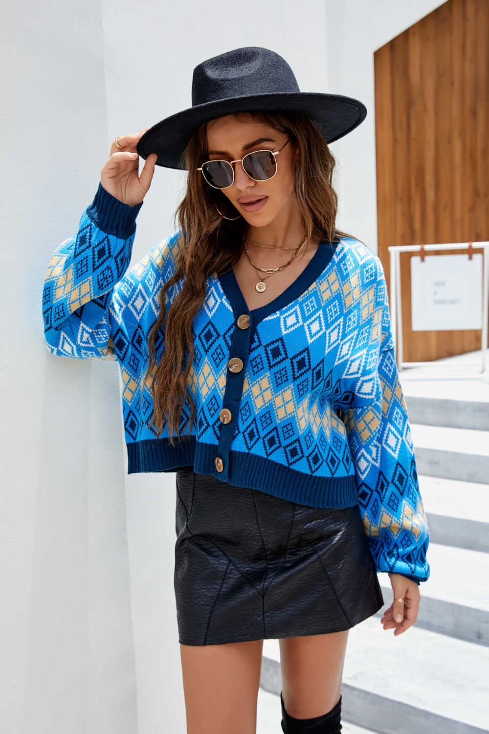 Argyle Button-Up Drop Shoulder Cardigan - Witcheasy