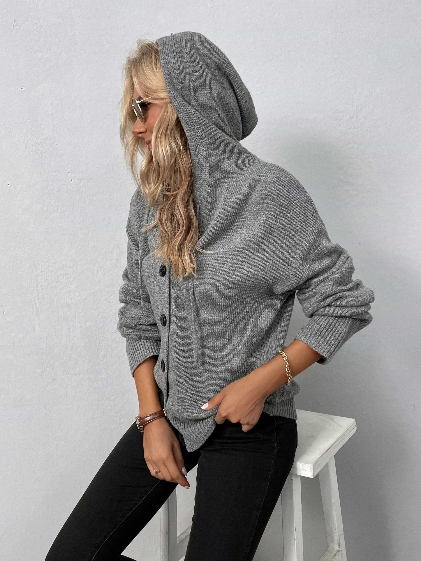 Button-Down Long Sleeve Hooded Sweater - Witcheasy
