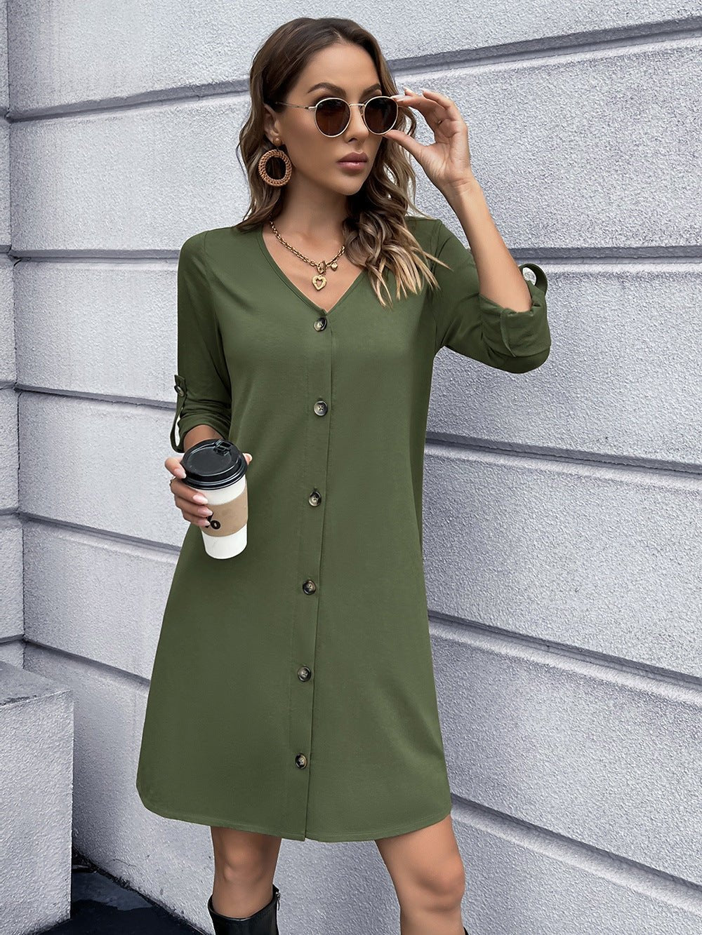 Button Down V-Neck Mini Dress - Witcheasy