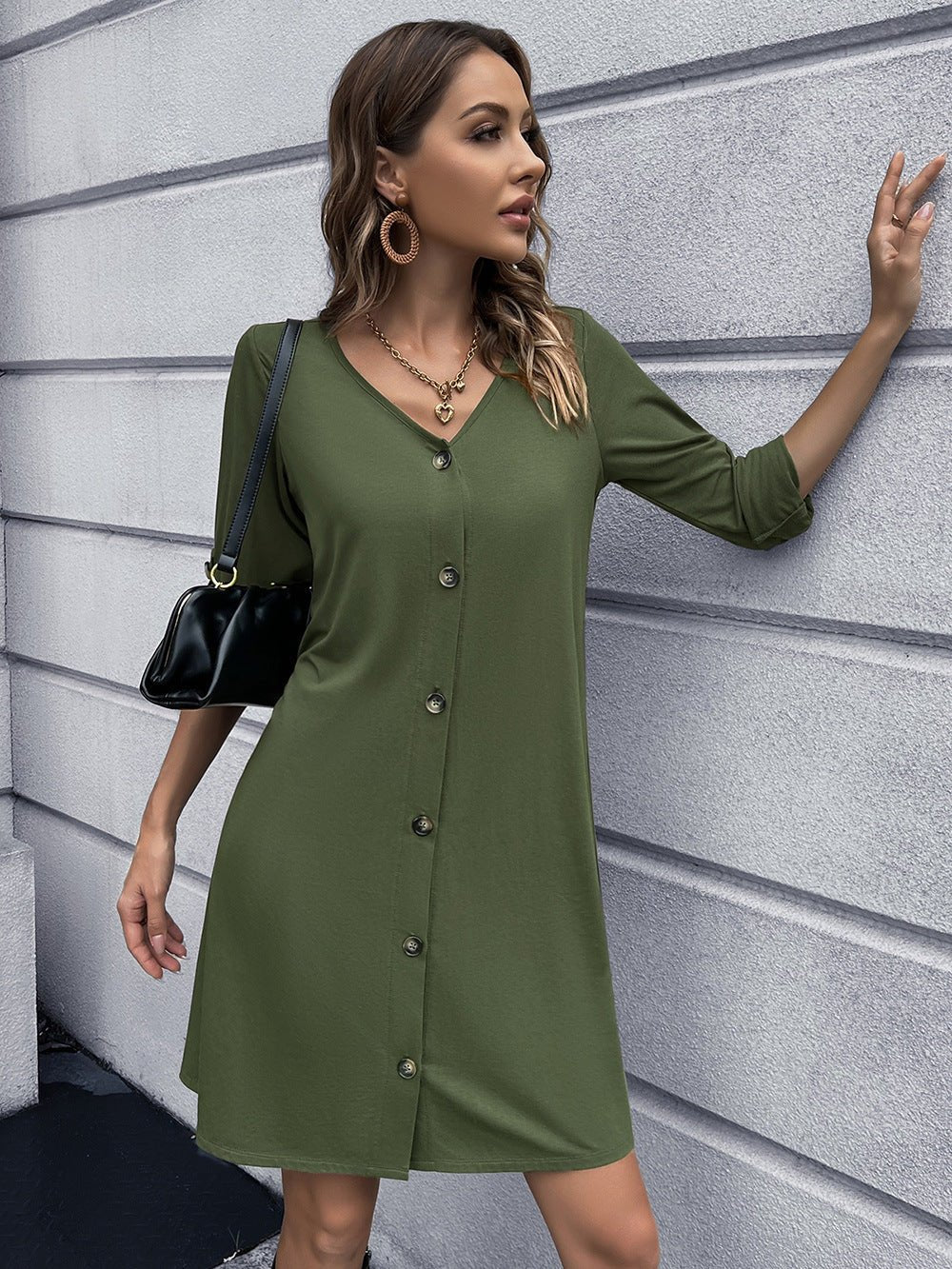Button Down V-Neck Mini Dress - Witcheasy