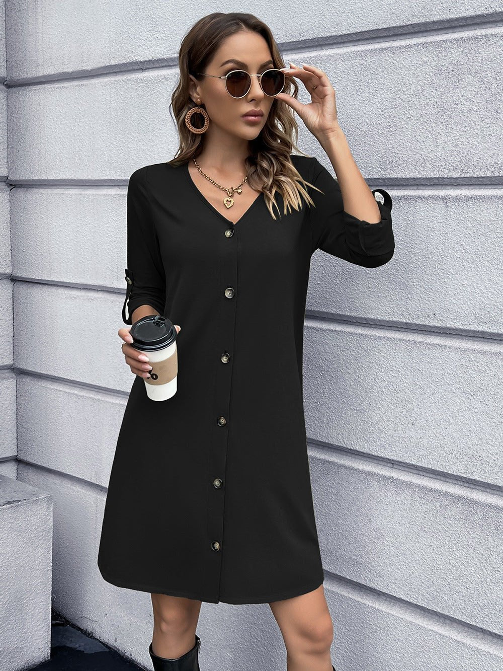Button Down V-Neck Mini Dress - Witcheasy