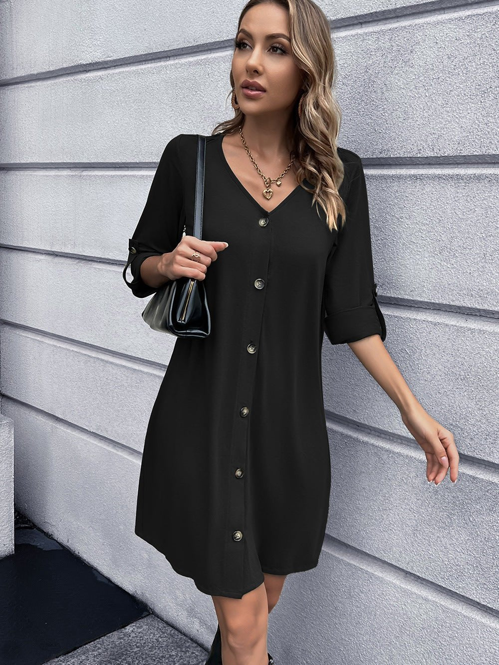 Button Down V-Neck Mini Dress - Witcheasy