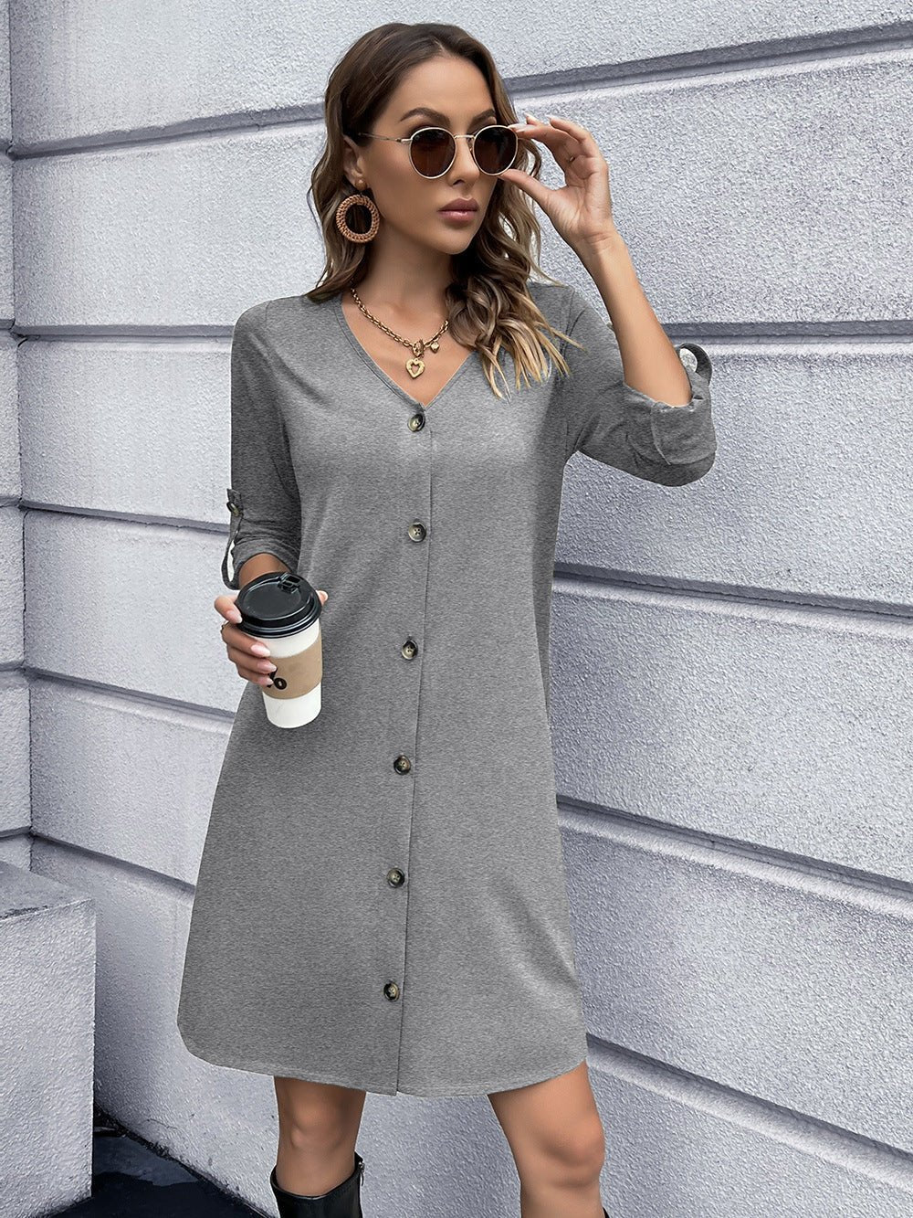 Button Down V-Neck Mini Dress - Witcheasy