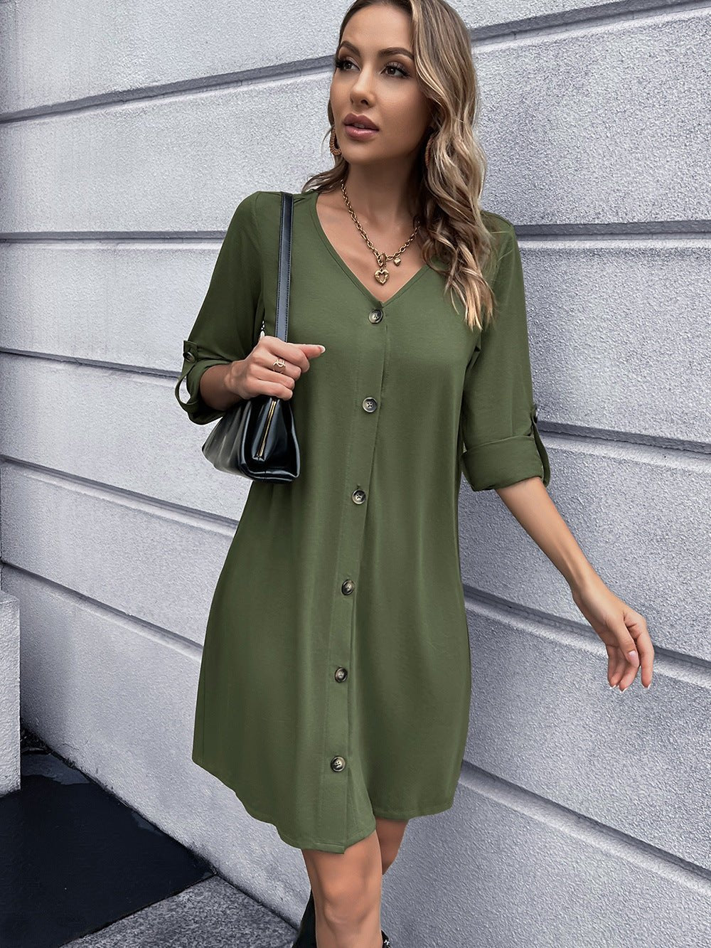 Button Down V-Neck Mini Dress - Witcheasy