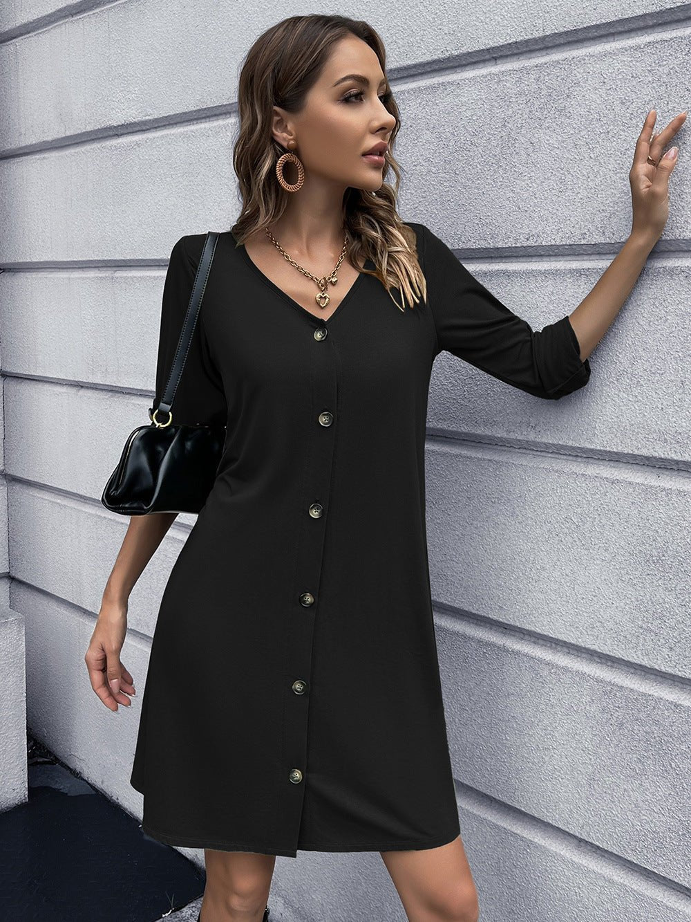 Button Down V-Neck Mini Dress - Witcheasy