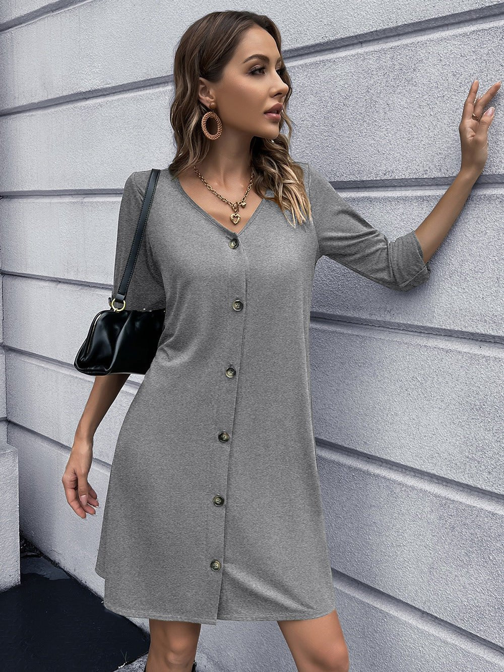 Button Down V-Neck Mini Dress - Witcheasy