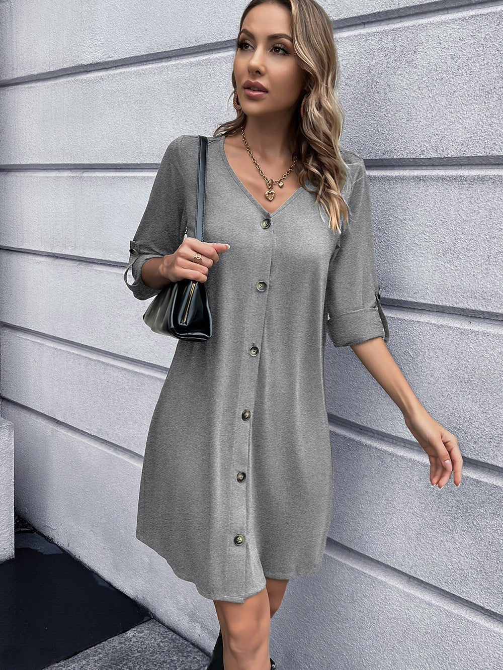 Button Down V-Neck Mini Dress - Witcheasy