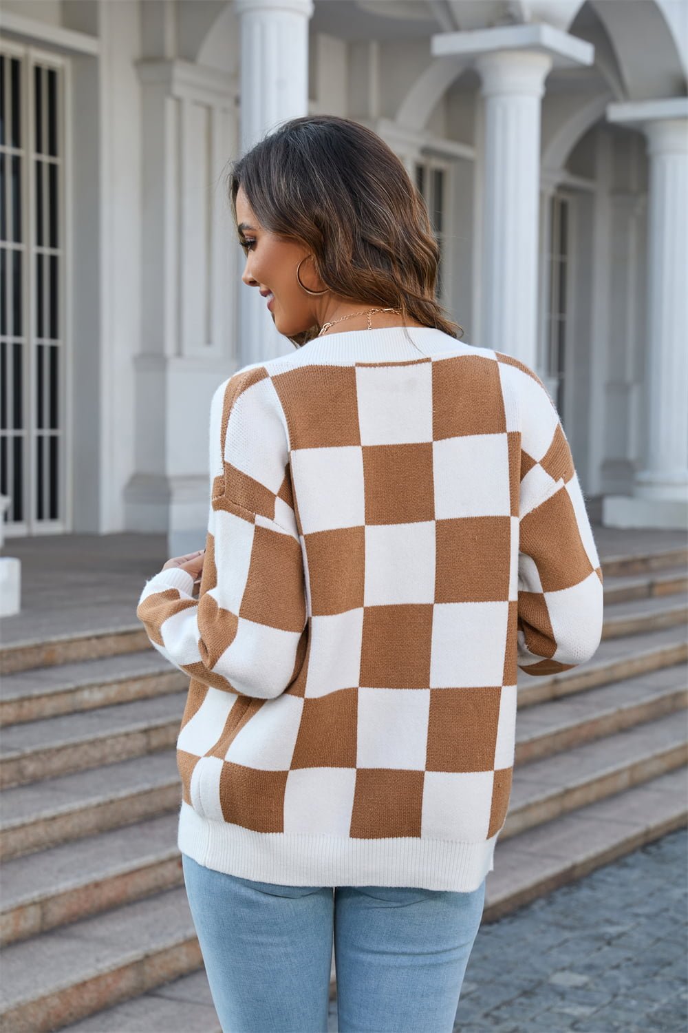 Button-Up Plaid V-Neck Dropped Shoulder Cardigan - Witcheasy