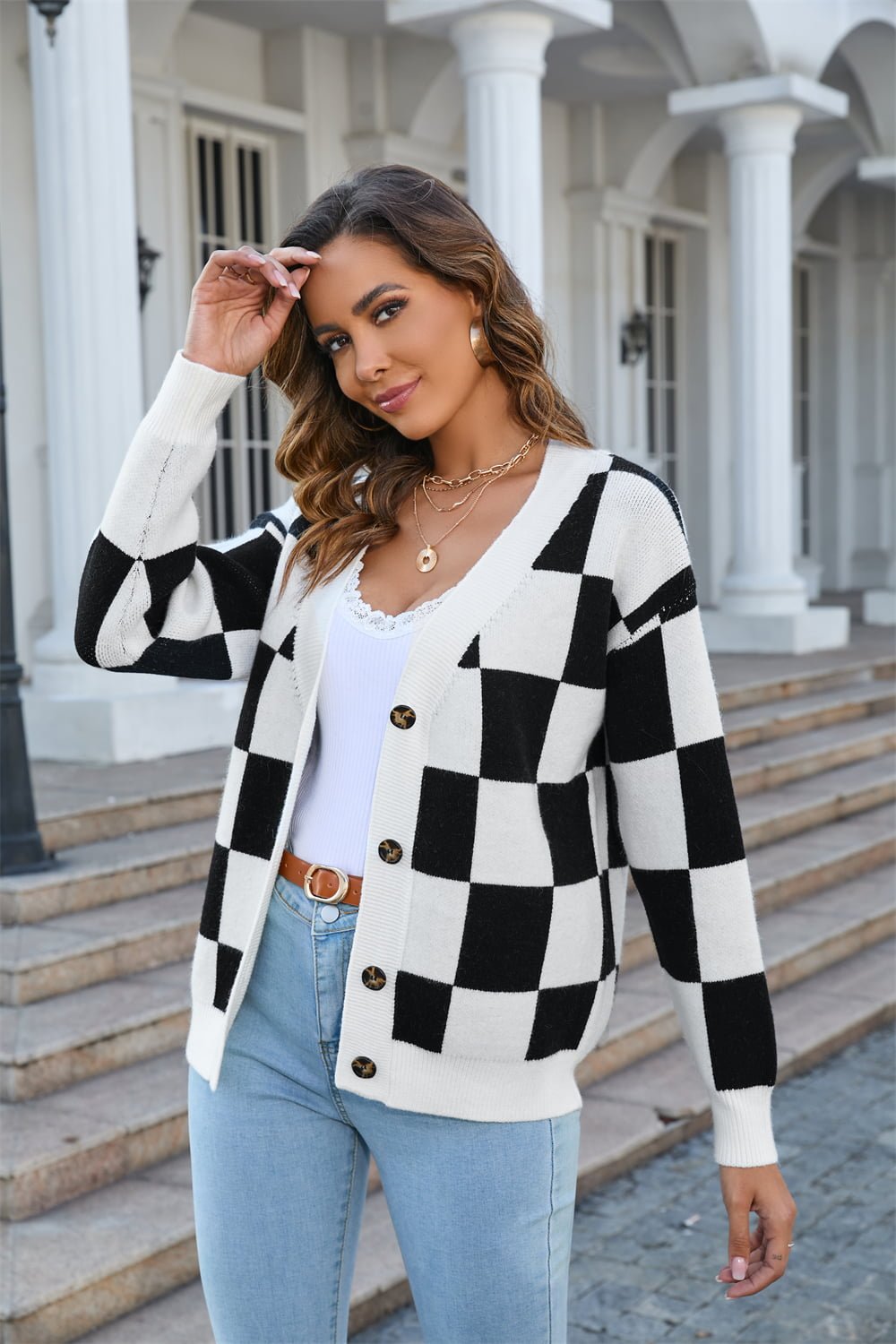 Button-Up Plaid V-Neck Dropped Shoulder Cardigan - Witcheasy